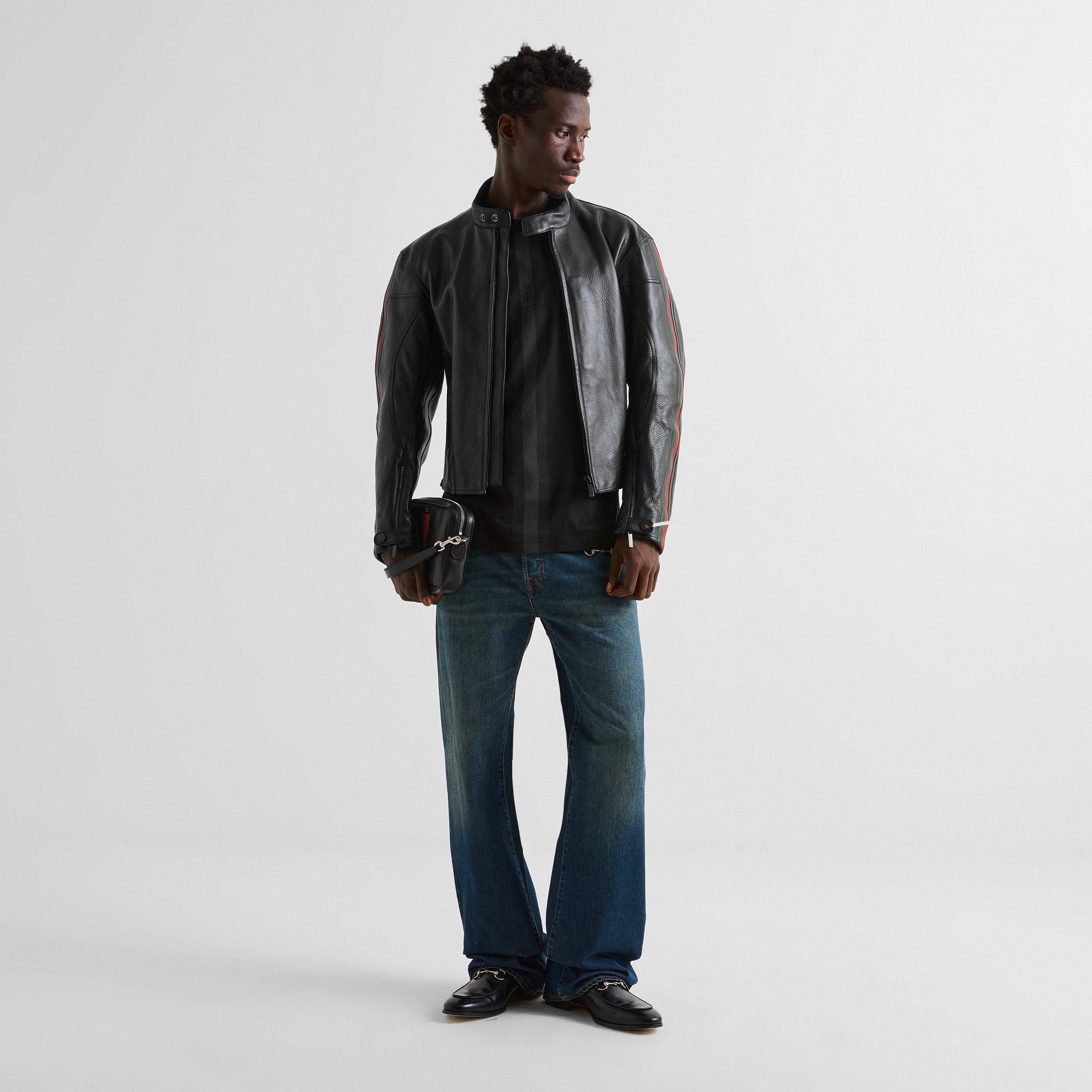 Black/Green - Gucci - Men's Web Leather Jacket - 5