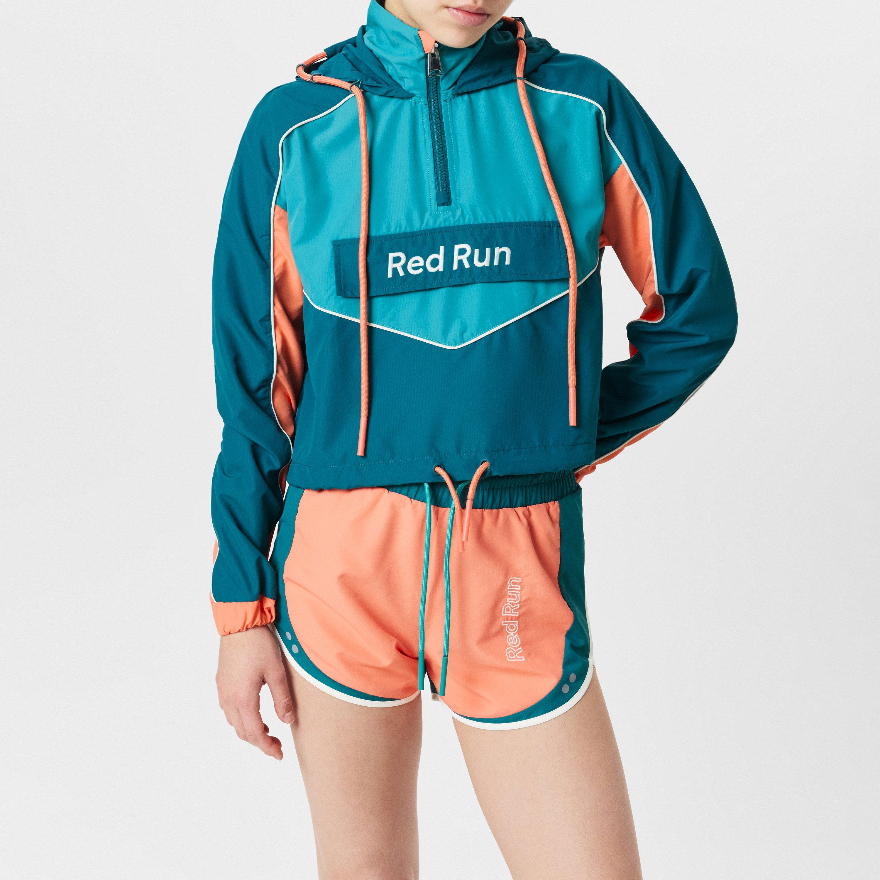 Earth Green - Red Run - Women's  Cropped Hooded Long Sleeve Windbreaker - 3