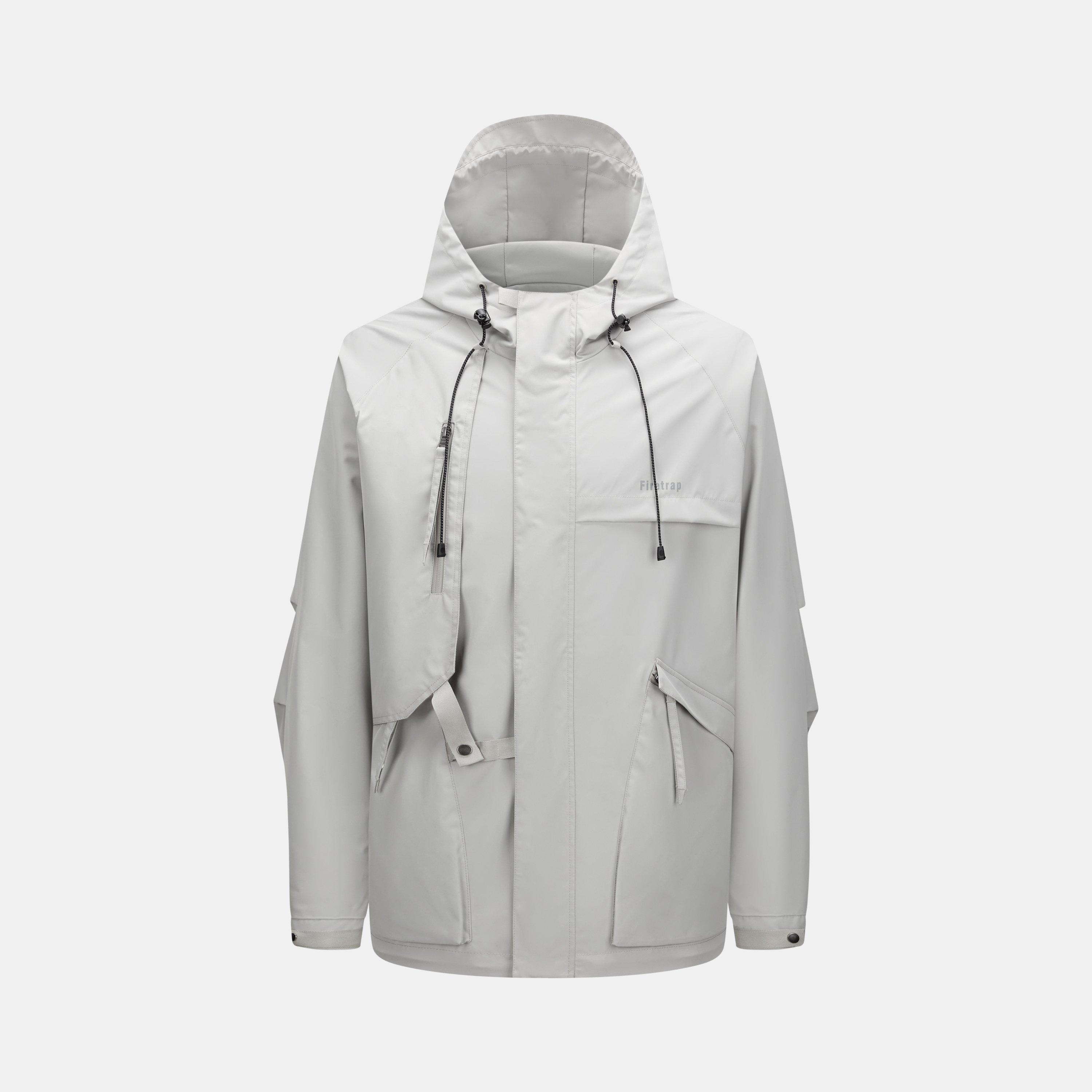 Firetrap Men's Windproof Full Zip Hooded Rain Anorak - Ash - 2XL