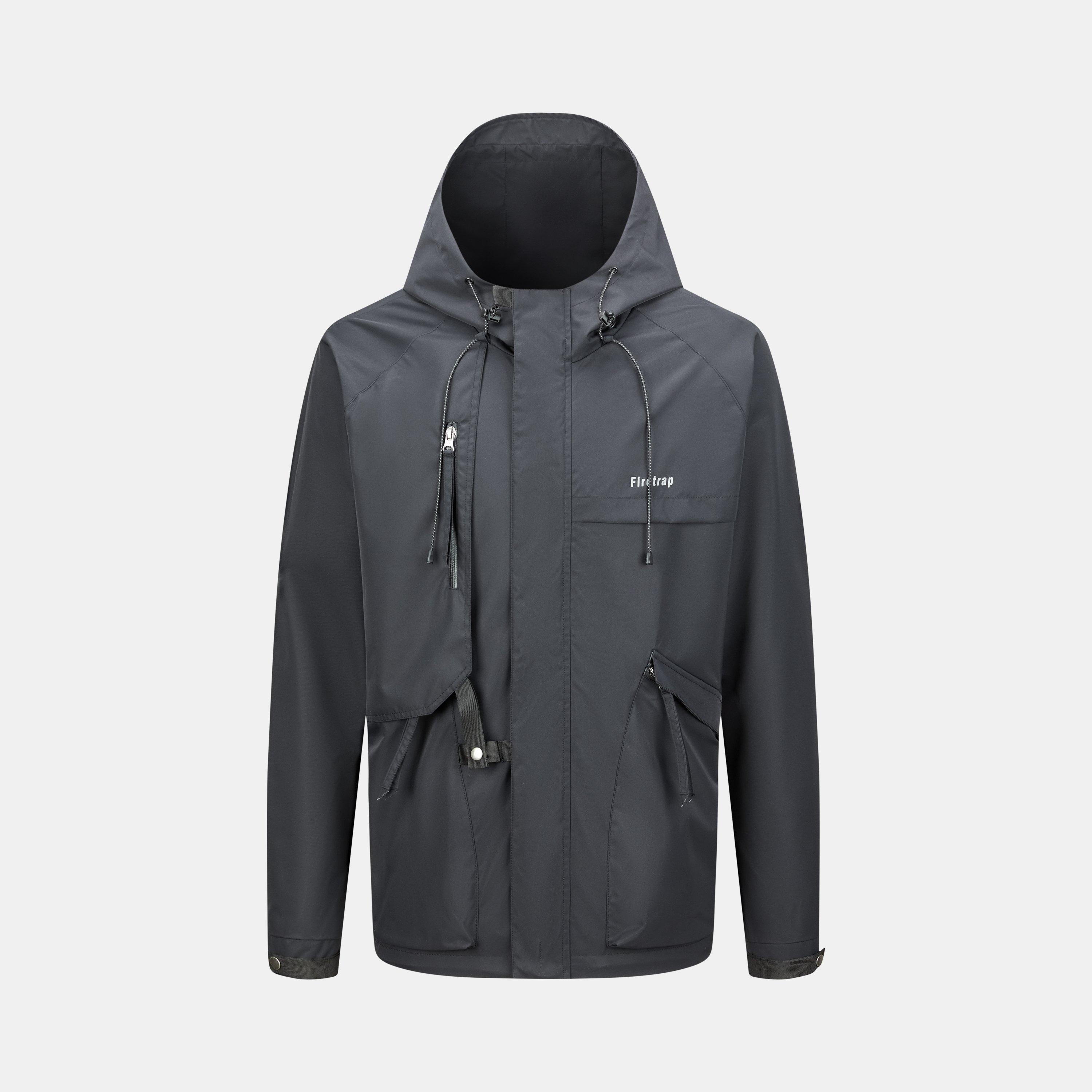 Black - Firetrap - Men's Windproof Full Zip Hooded Rain Anorak - 1