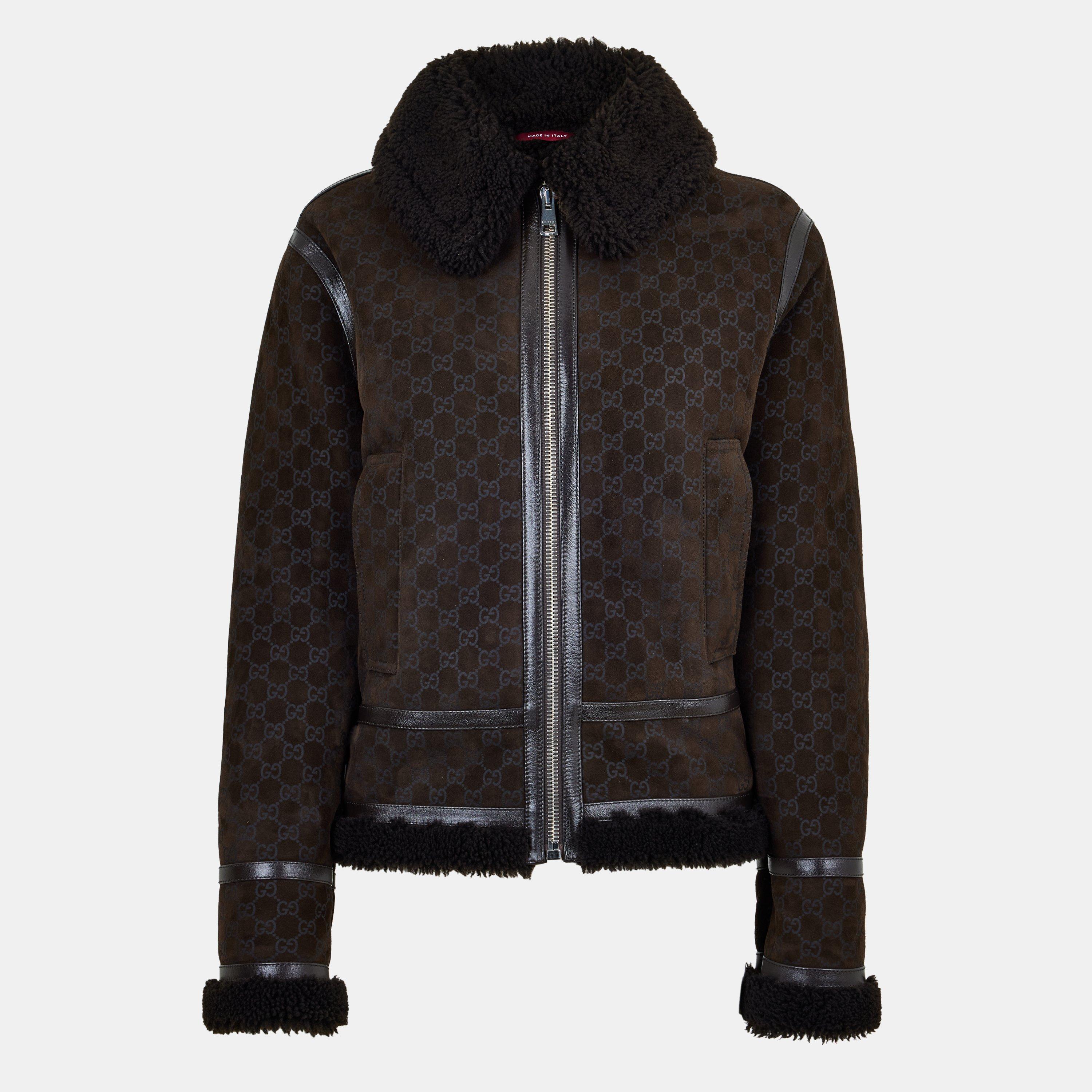 Gucci Women's Contrasting Trim Leather Jacket - Espresso - Size 44 (UK 12)