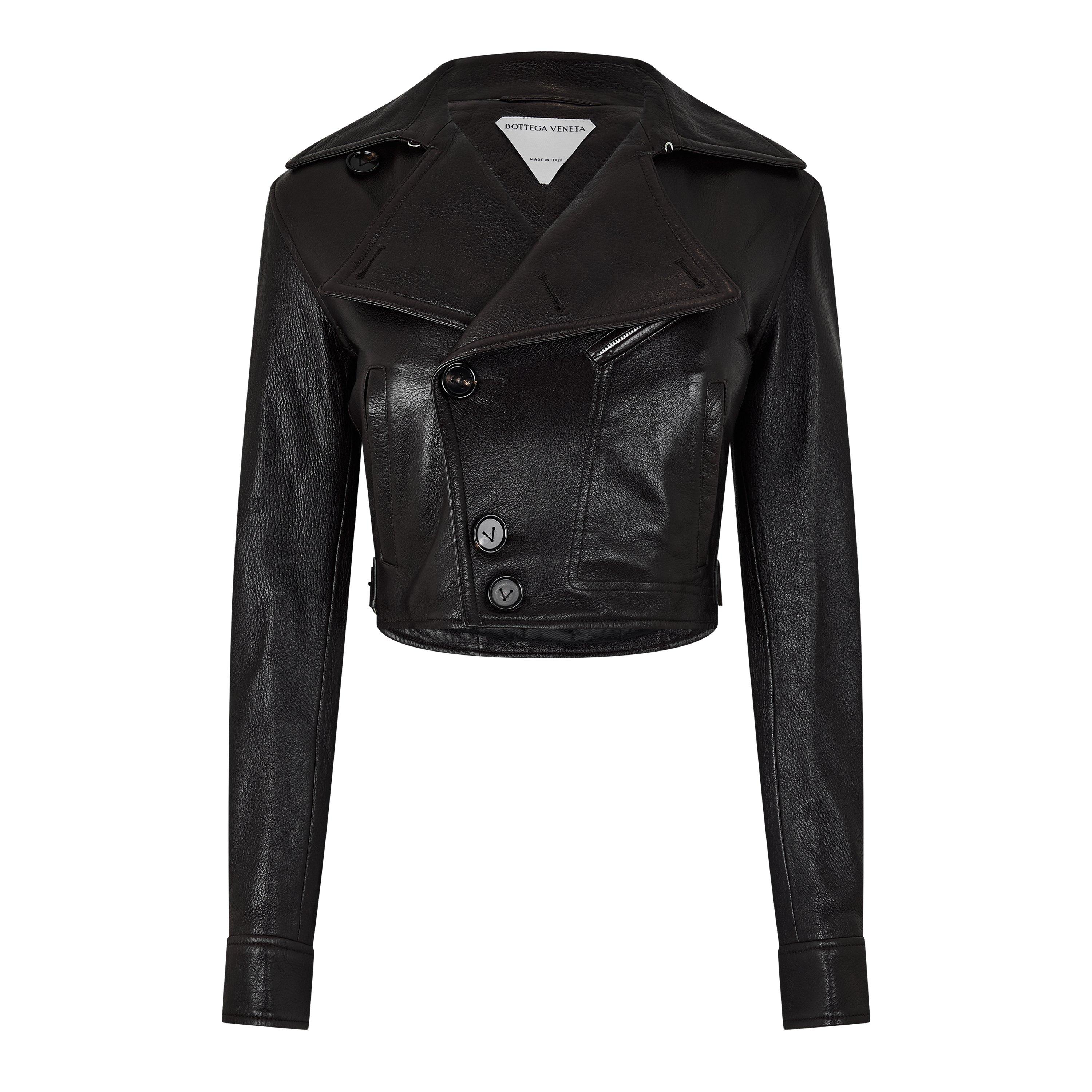 Fondente - Bottega Veneta - Women's Biker Viscose Cropped Long Sleeve Leather Jacket - 1