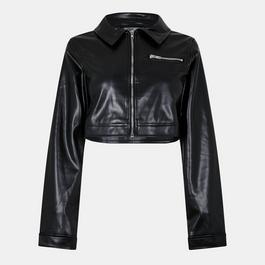 Missy Empire Cropped Faux Leather Biker Jacket Womens