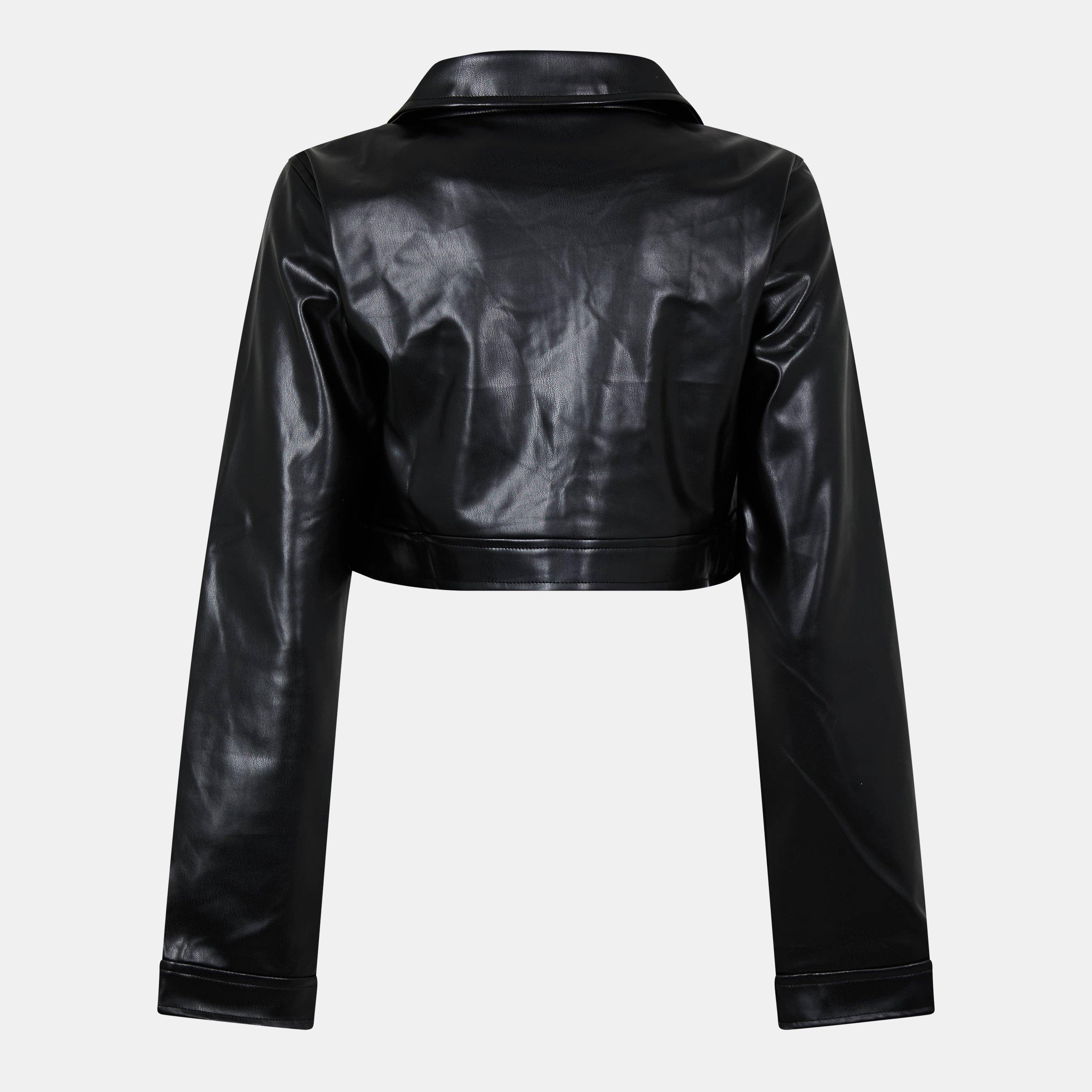 Schwarz - Missy Empire - Cropped Faux Leather Long Sleeve Full Zip Jacket - 2