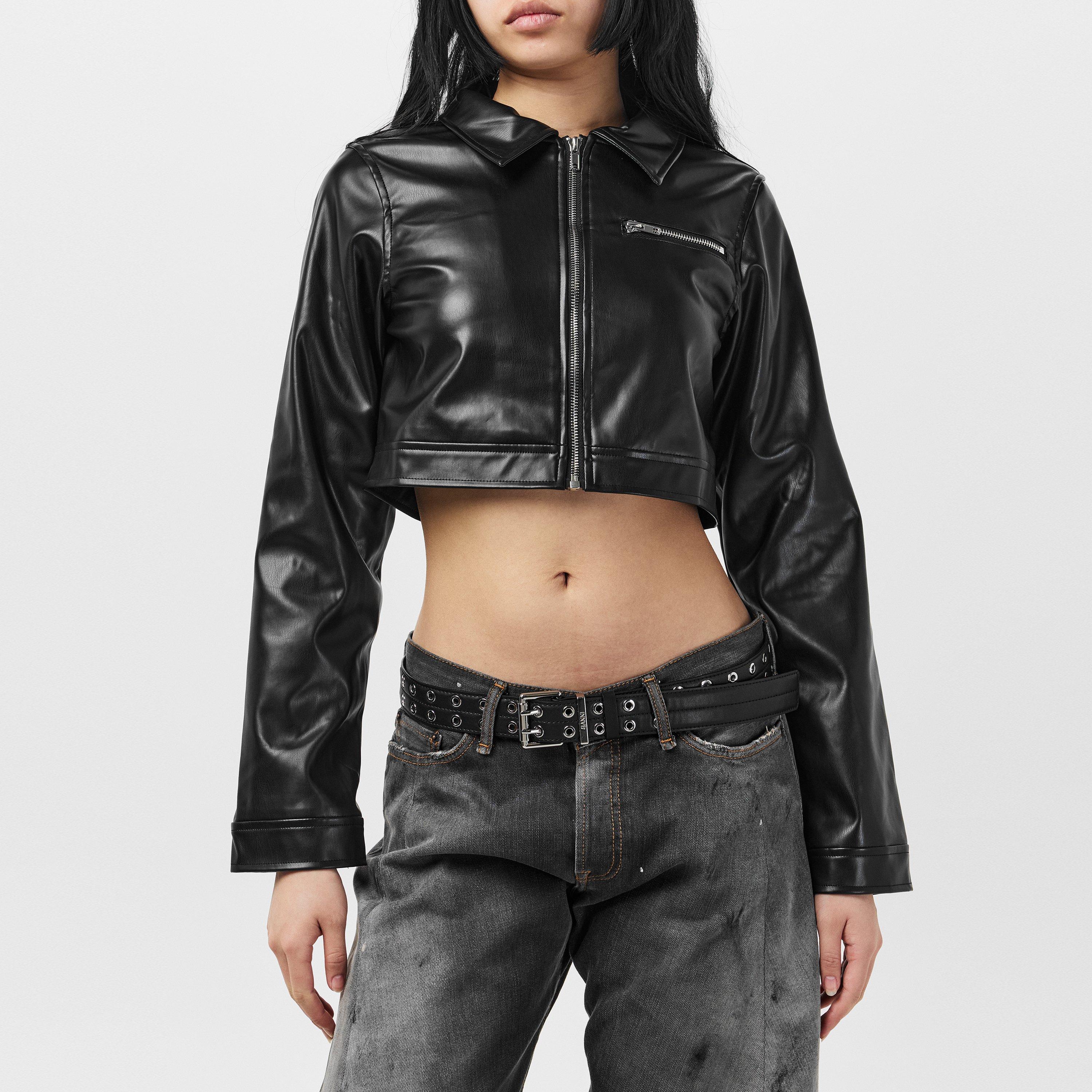 Schwarz - Missy Empire - Cropped Faux Leather Long Sleeve Full Zip Jacket - 3