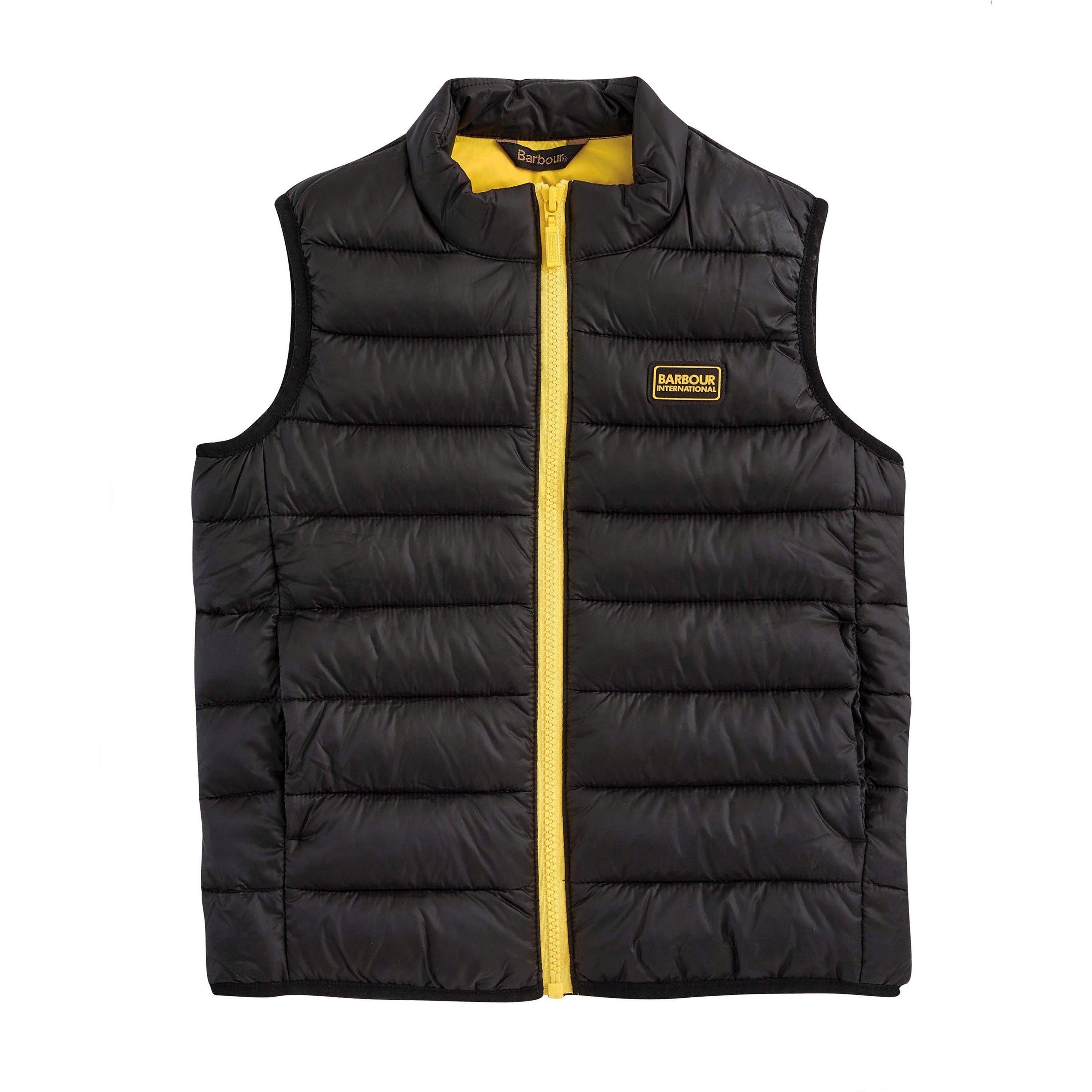 Black/Yellow - Barbour International - Kids' Reed Quilted Sleeveless Funnel Neck Gilet - 1