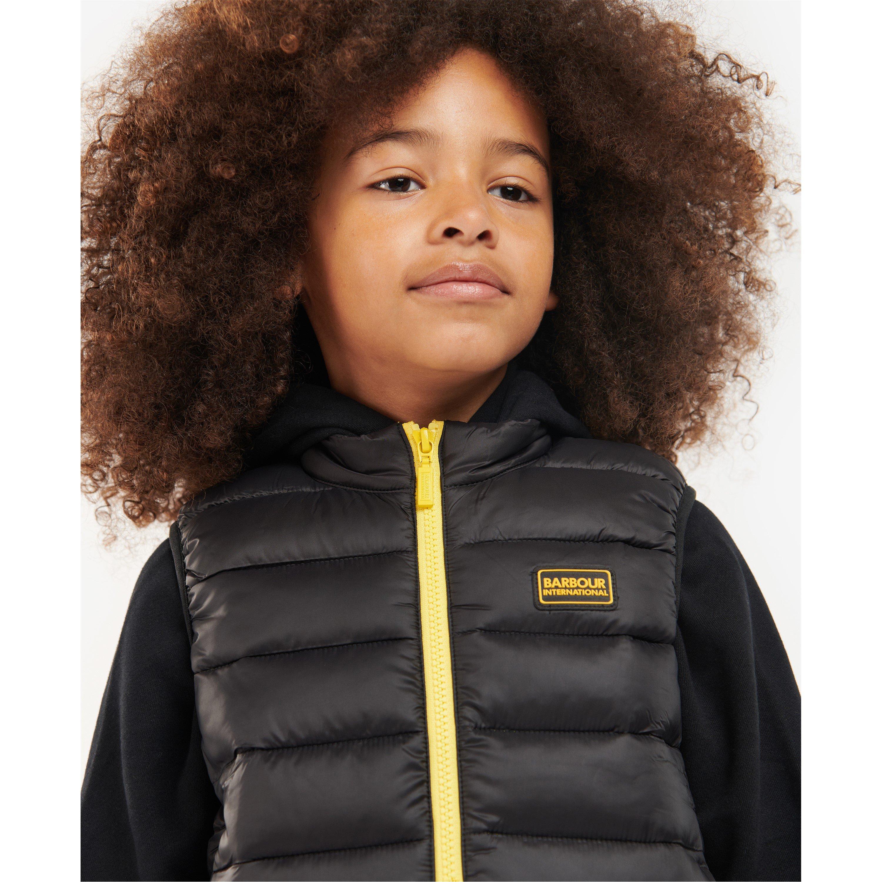 Black/Yellow - Barbour International - Kids' Reed Quilted Sleeveless Funnel Neck Gilet - 5