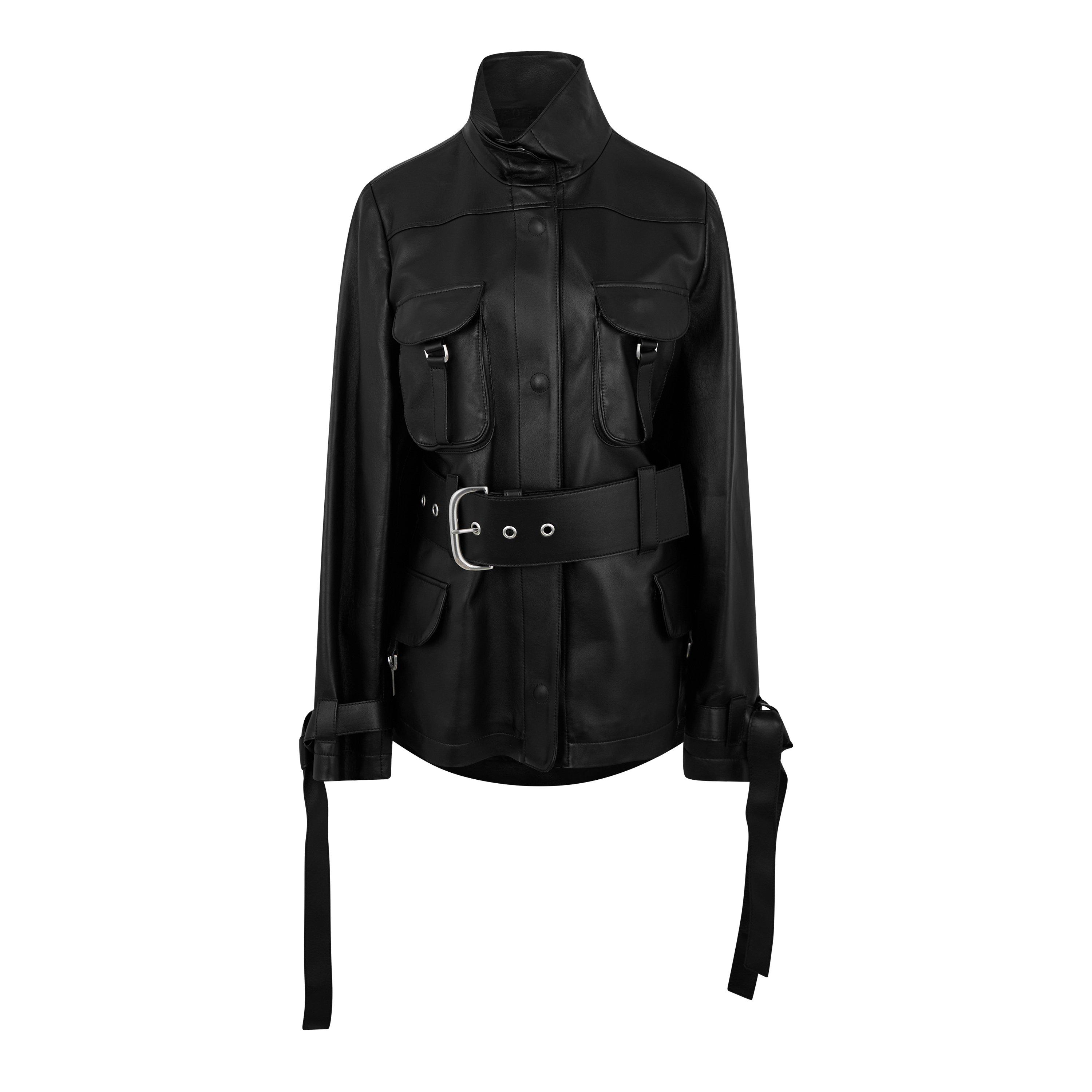 Black - Off White - Women's Cargo Belted Leather Jacket - 1