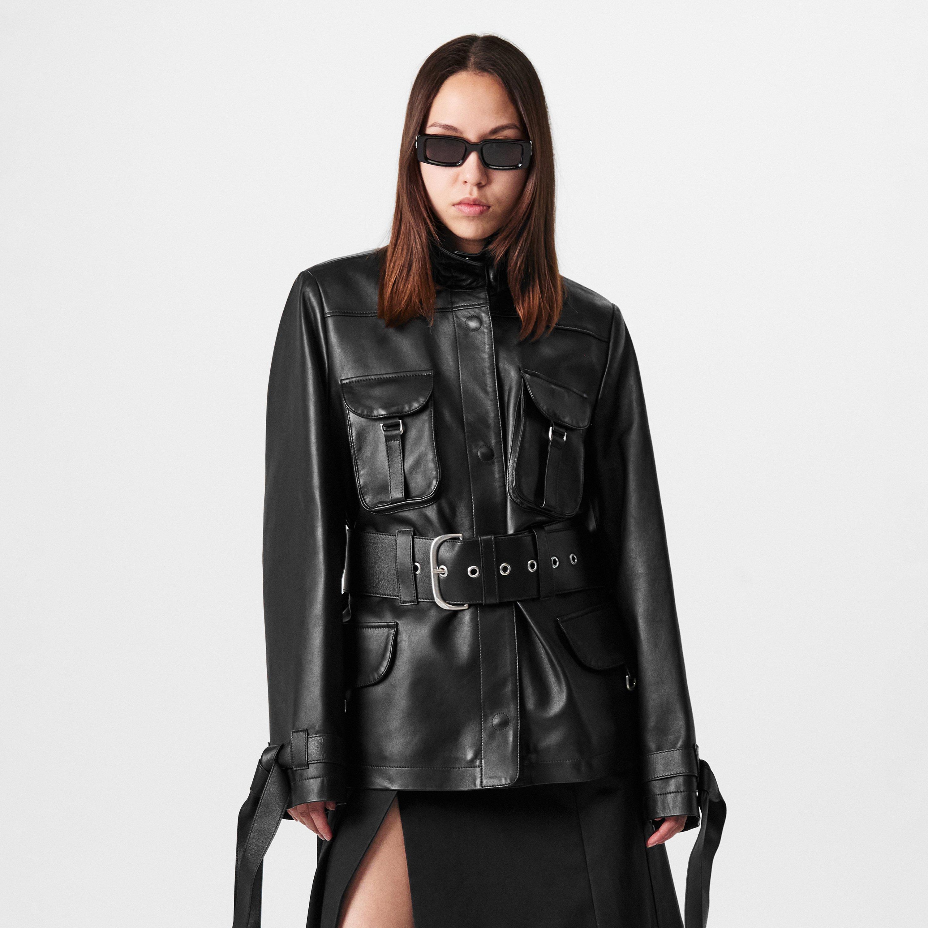 Schwarz - Off White - Women's Cargo Belted Leather Jacket - 3