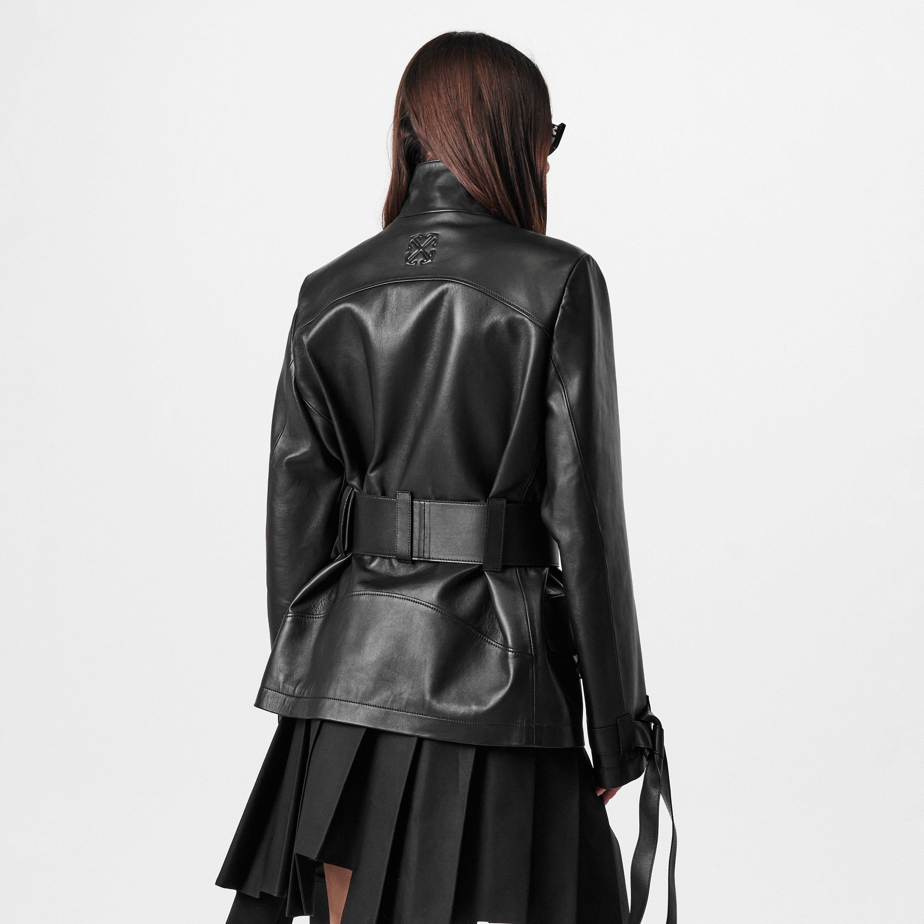 Schwarz - Off White - Women's Cargo Belted Leather Jacket - 4