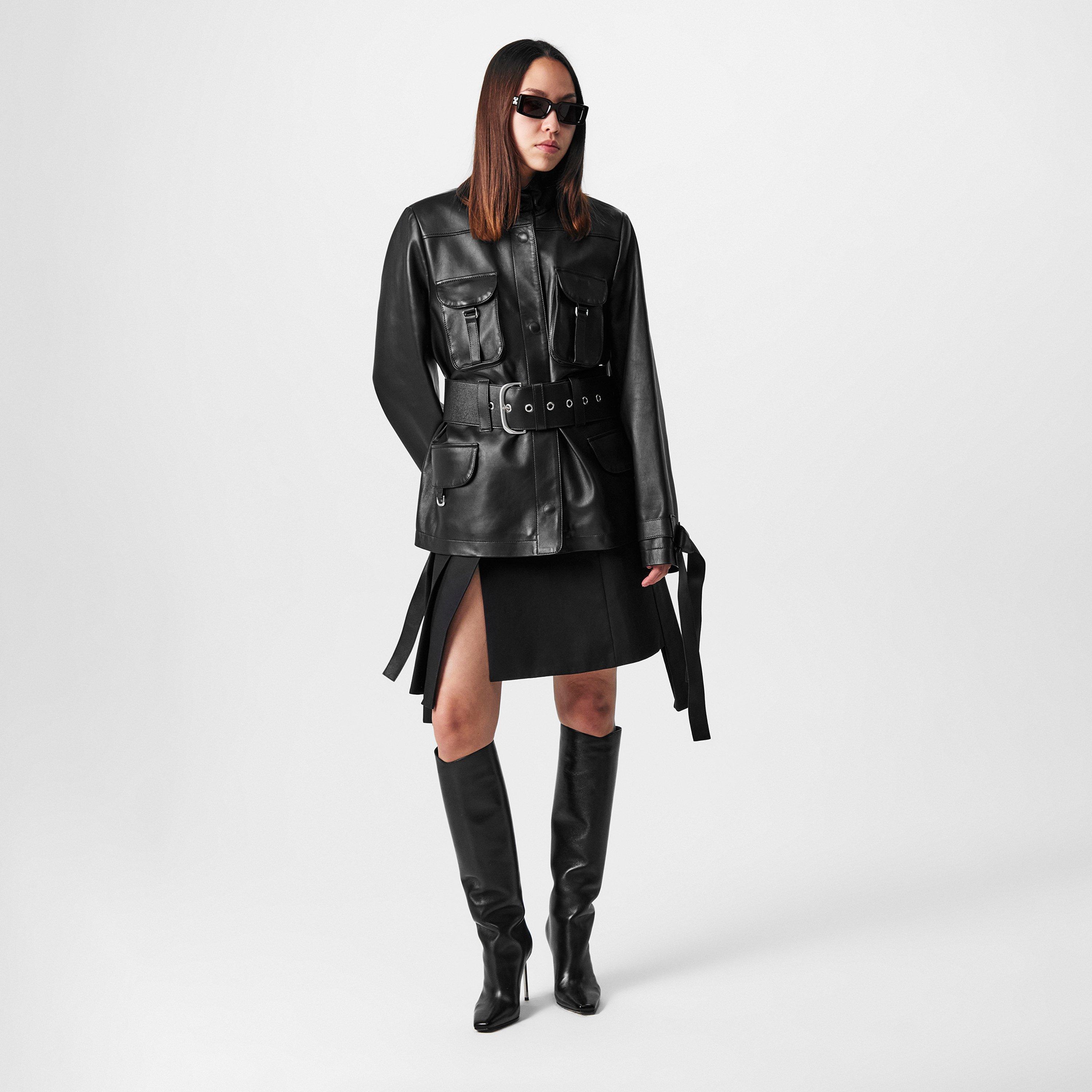 Schwarz - Off White - Women's Cargo Belted Leather Jacket - 6