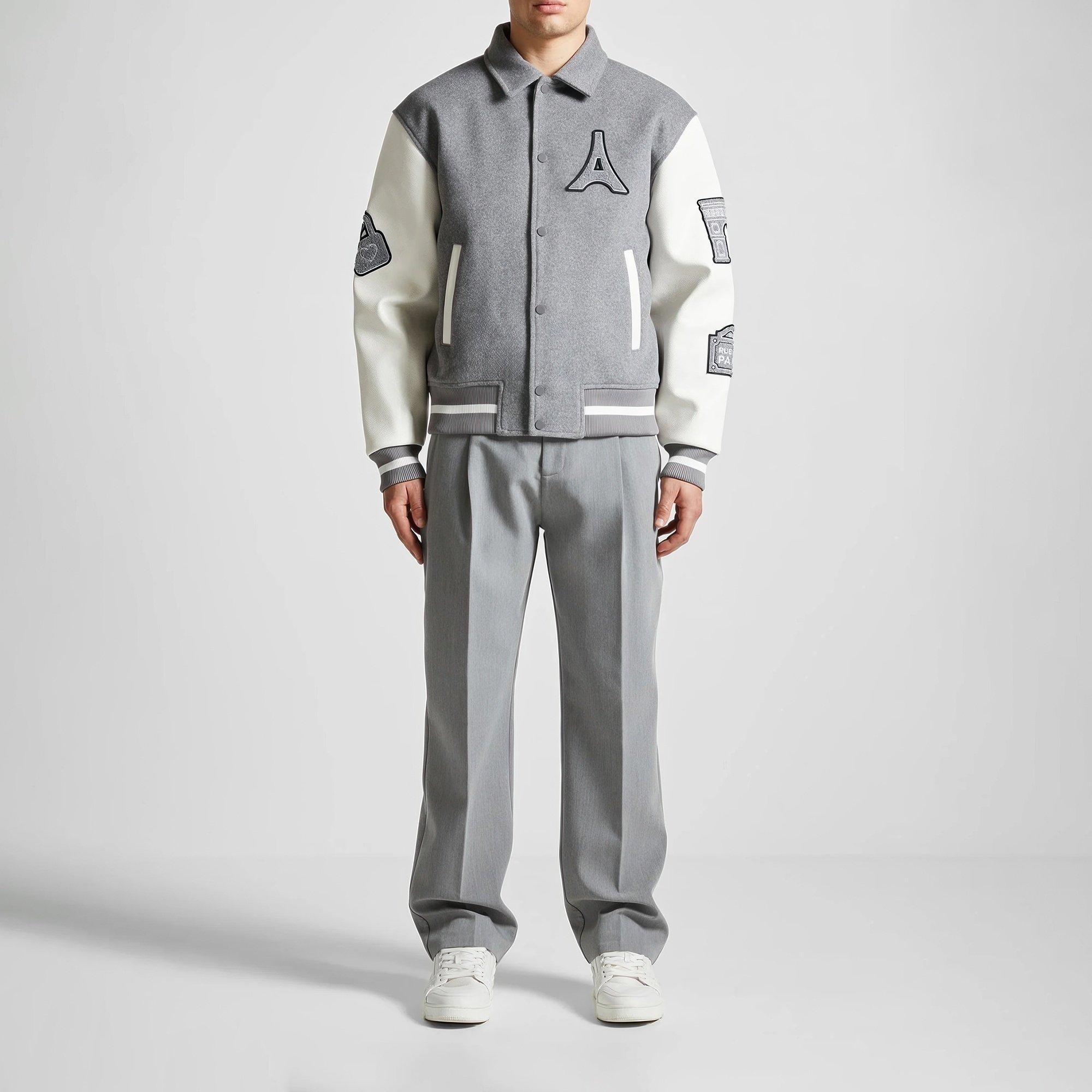 Grey - Maniere De Voir - Men’s Mona Lisa Wool Blend Varsity Jacket - 3