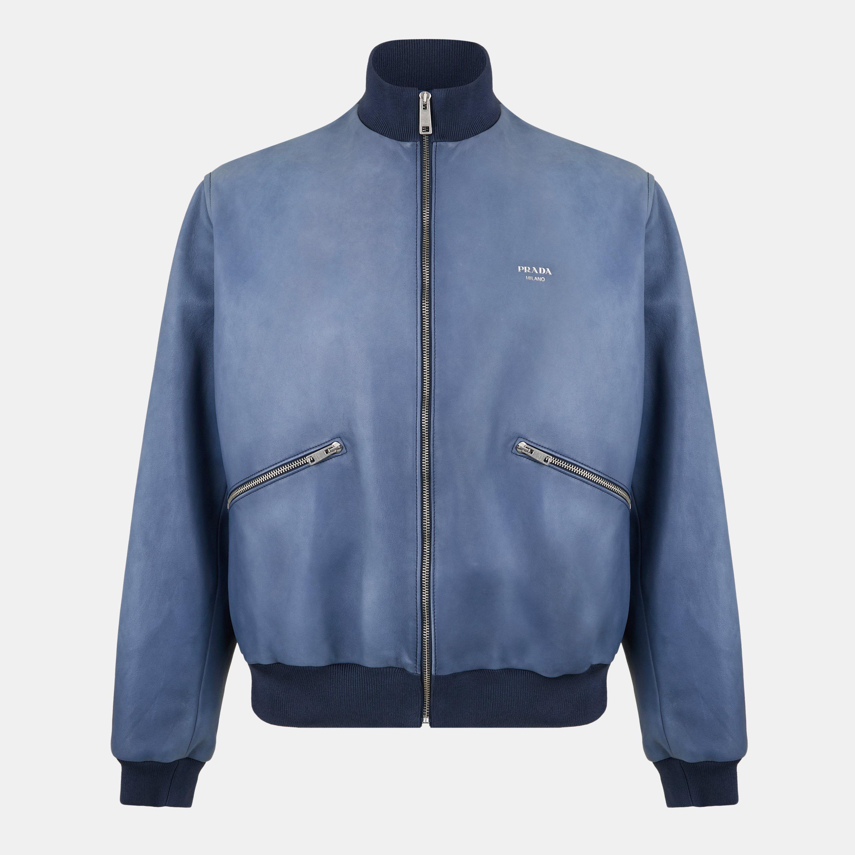 Blue - Prada - Men's Bomber-Style Long Sleeve Leather Jacket - 1