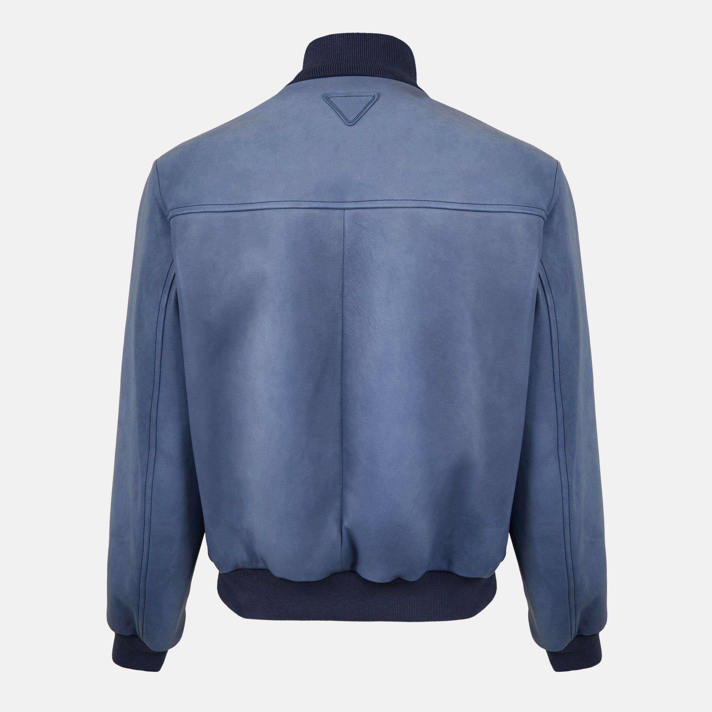 Blue - Prada - Men's Bomber-Style Long Sleeve Leather Jacket - 2