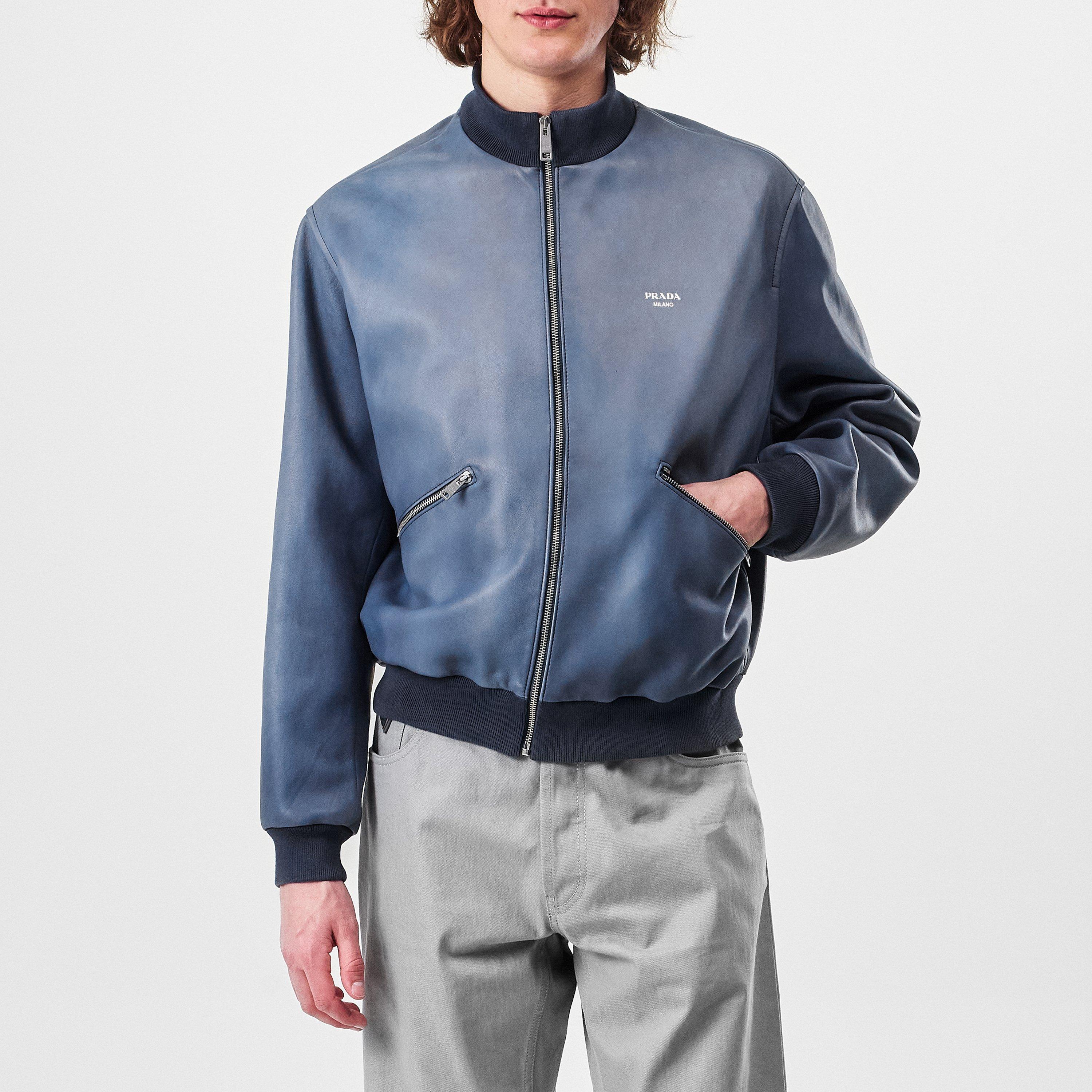 Blue - Prada - Men's Bomber-Style Long Sleeve Leather Jacket - 3