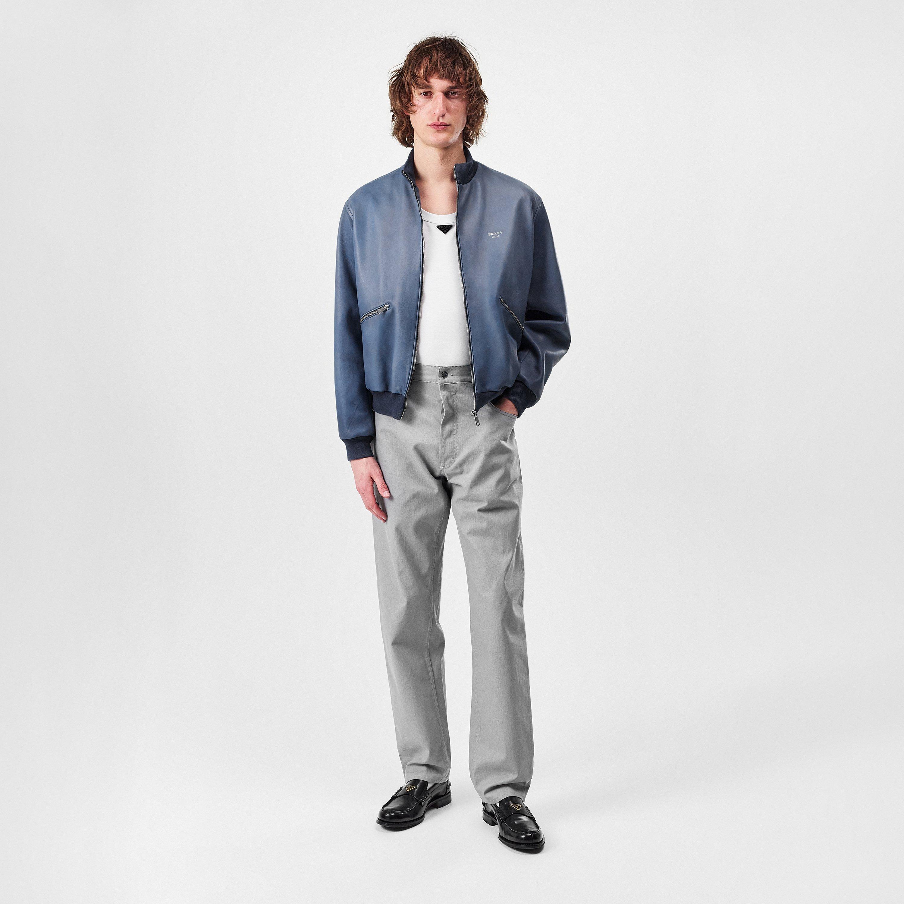 Blue - Prada - Men's Bomber-Style Long Sleeve Leather Jacket - 5