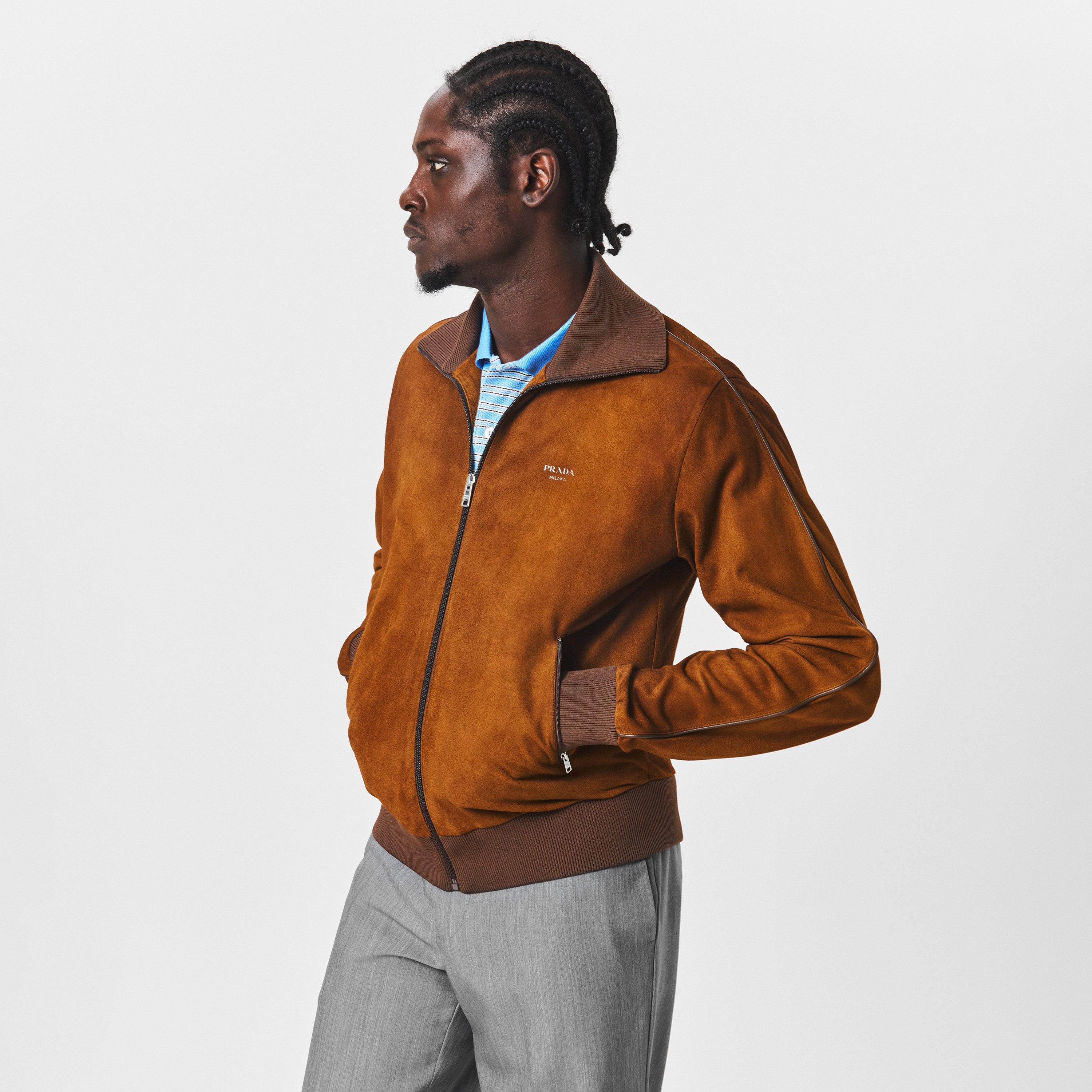 Cognac - Prada - Men's  Suede Blouson Long Sleeve Leather Jacket - 3