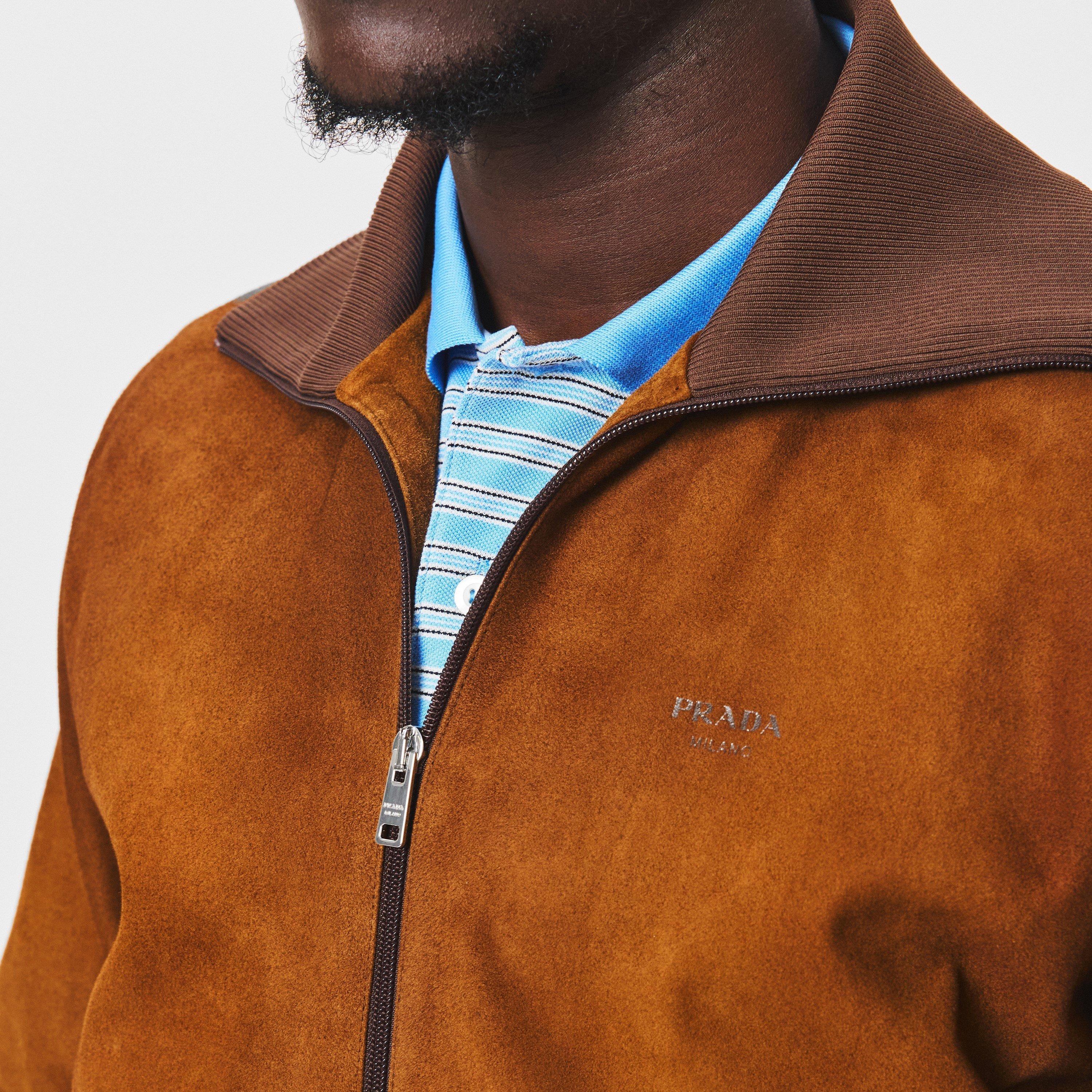 Cognac - Prada - Men's  Suede Blouson Long Sleeve Leather Jacket - 5