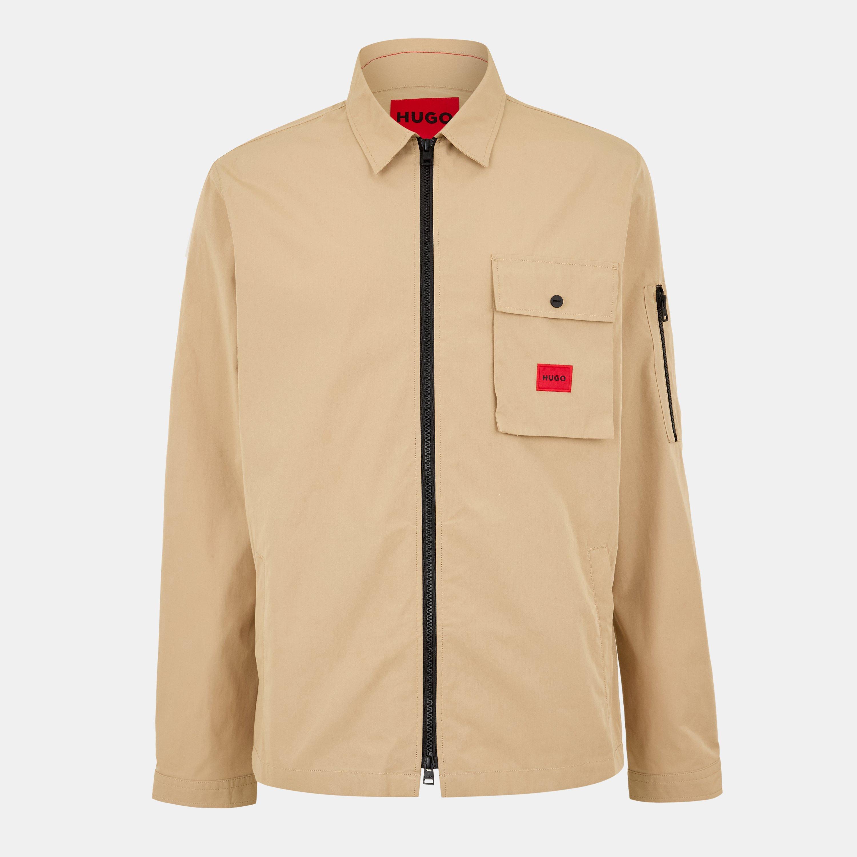 Hugo Men's Emmond Cotton Long Sleeve Zip Overshirt - Contemporary Design With Logo Detail - Med Beige 269 - XS