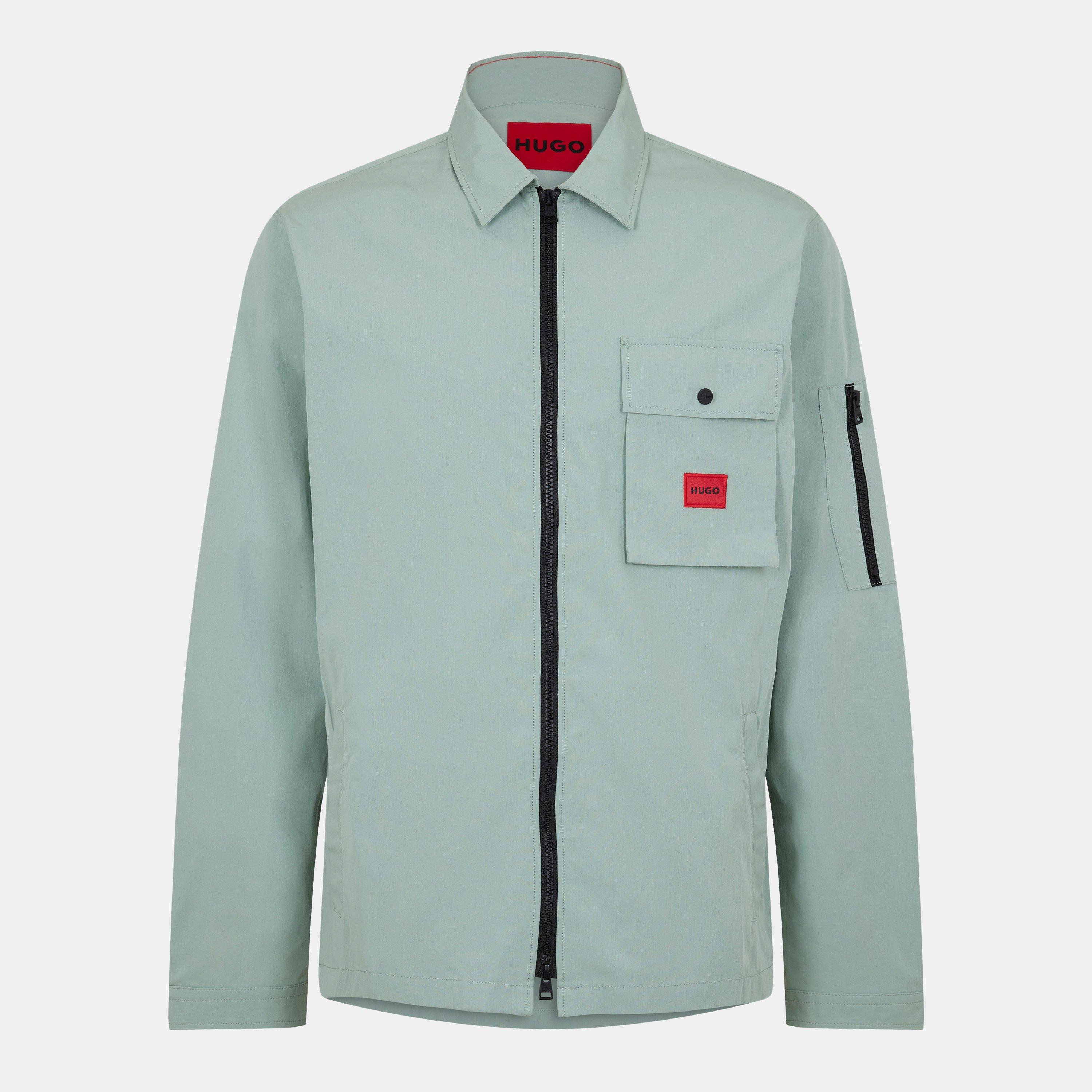 Hugo Men's Emmond Cotton Long Sleeve Zip Overshirt - Contemporary Design With Logo Detail - Light Green 338 - S