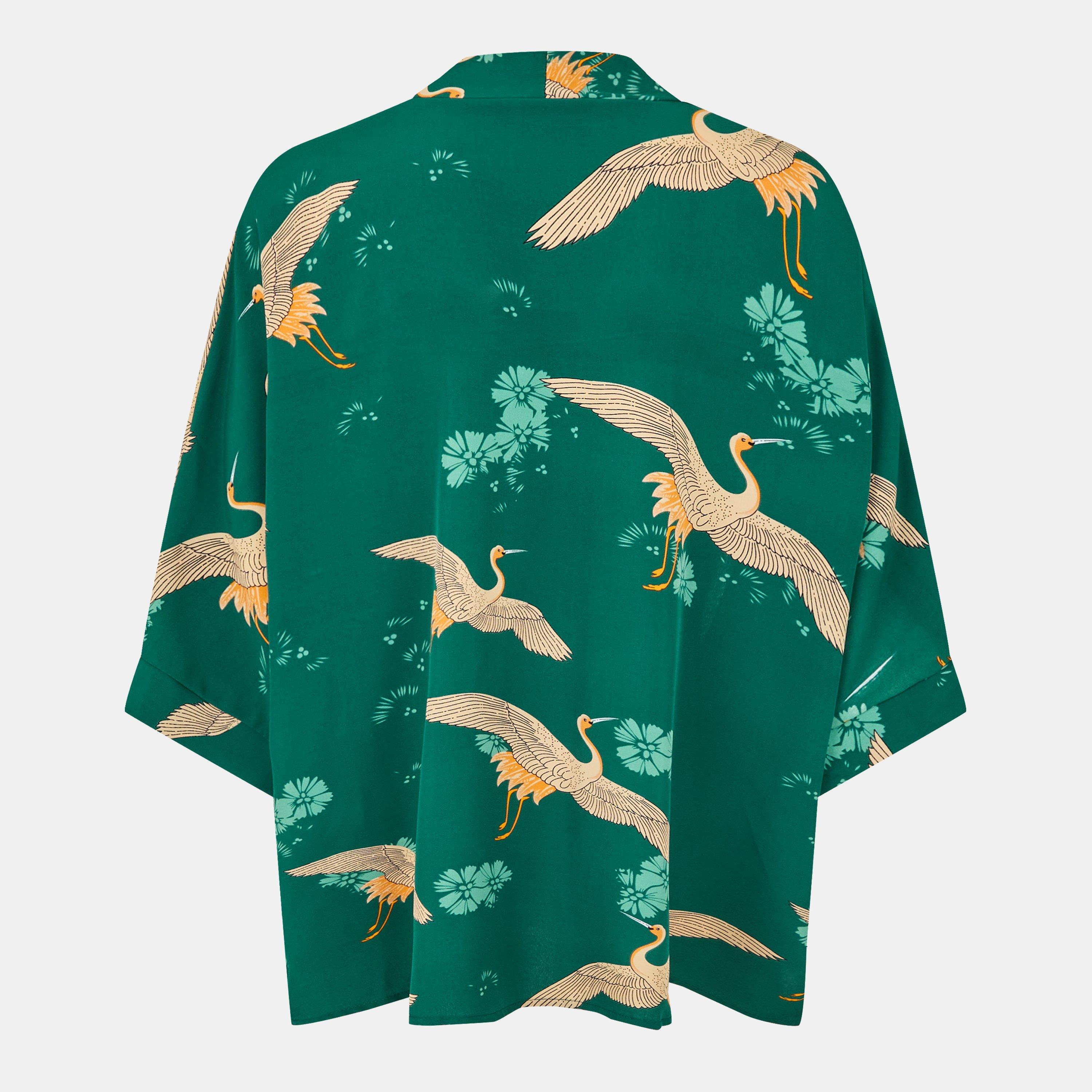 Green - Yumi - Women's Crane Print Tailored Cut Overcoat - 2