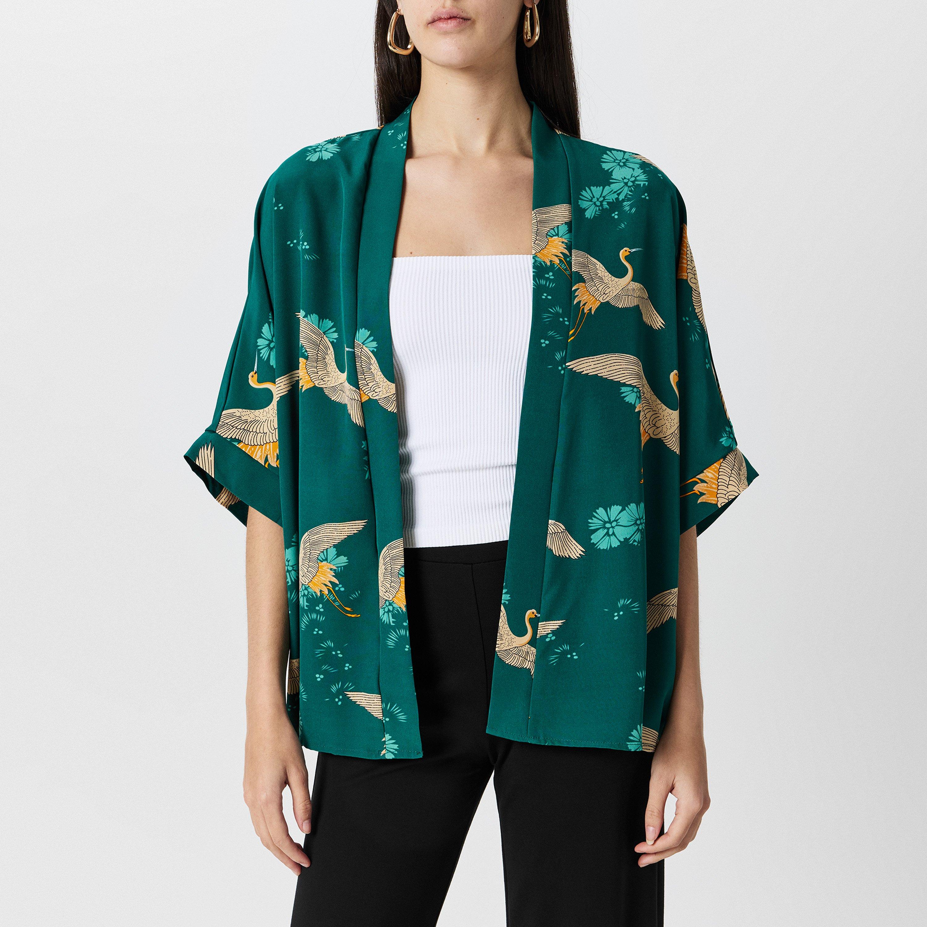 Green - Yumi - Women's Crane Print Tailored Cut Overcoat - 3