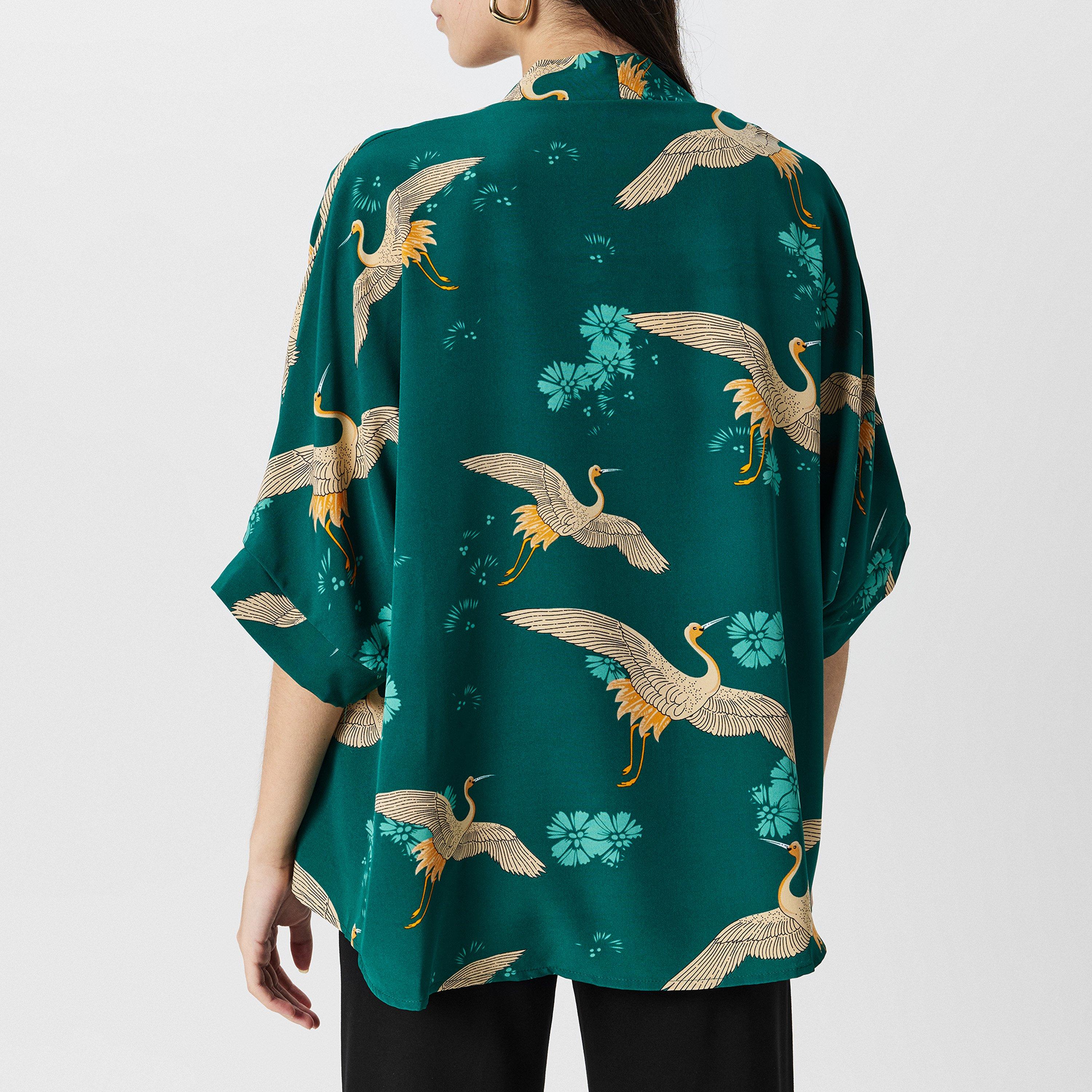 Green - Yumi - Women's Crane Print Tailored Cut Overcoat - 4