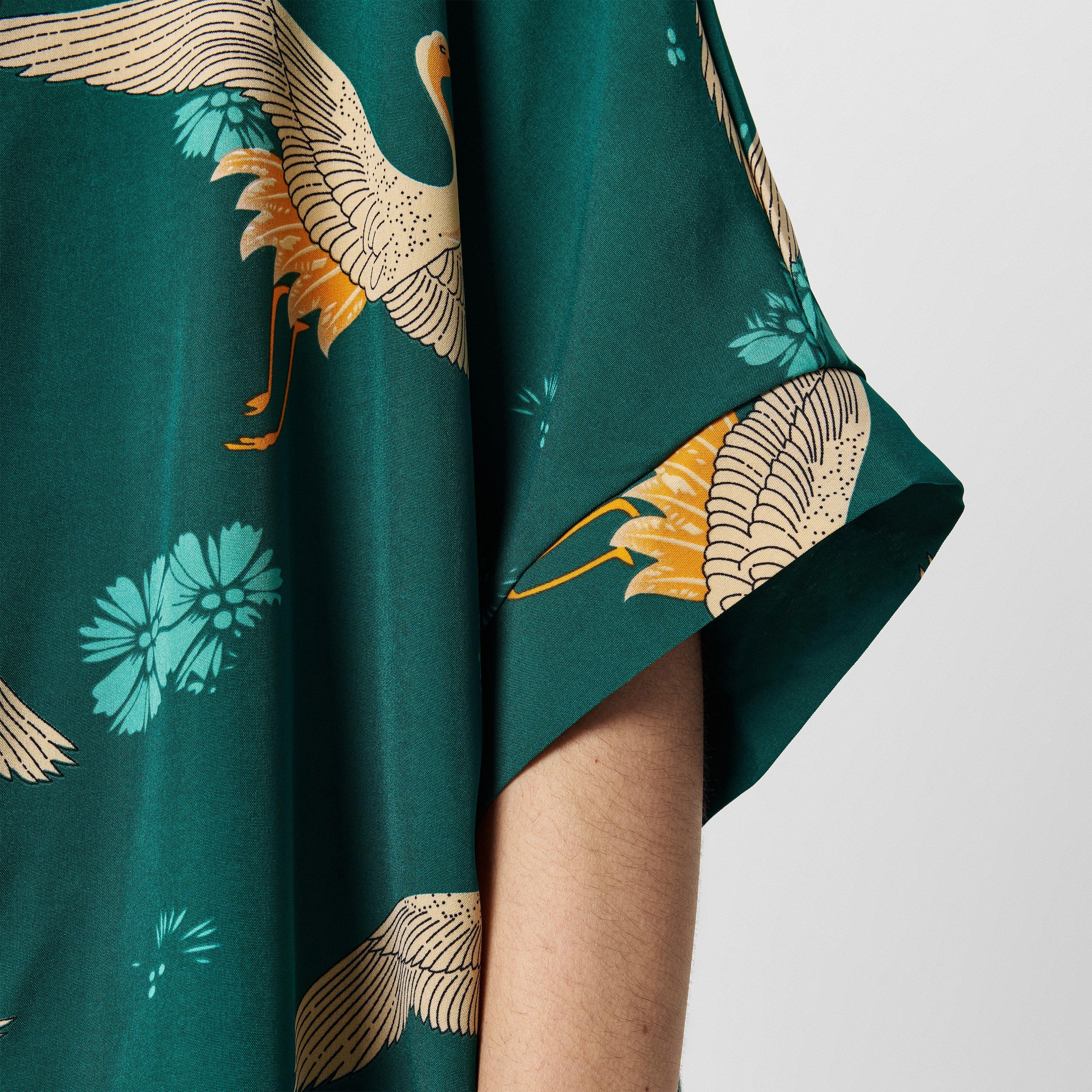 Green - Yumi - Women's Crane Print Tailored Cut Overcoat - 5