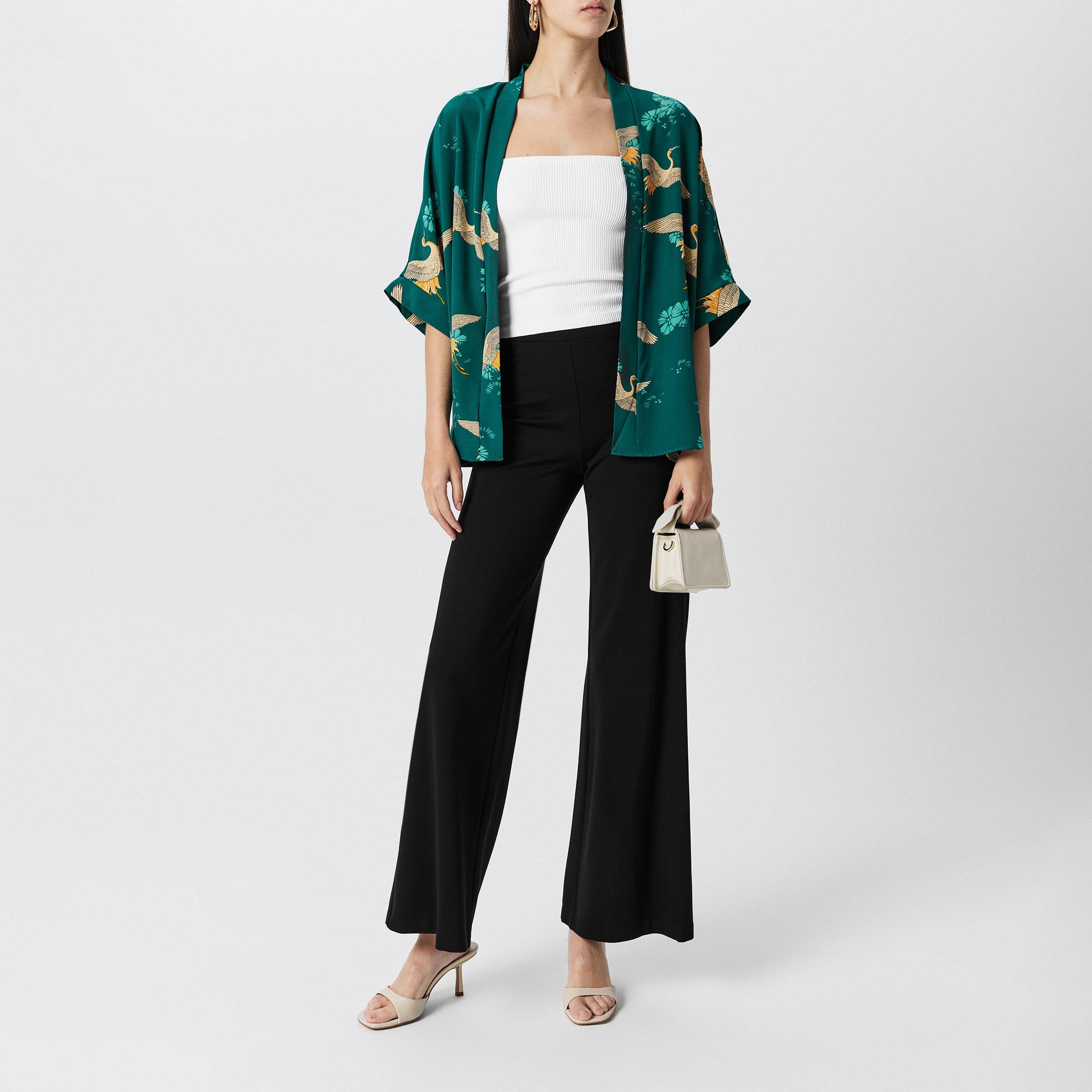 Green - Yumi - Women's Crane Print Tailored Cut Overcoat - 6