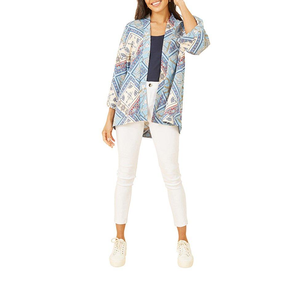 Blue - Mela London - Women's Satin Chain Print Kimono Relaxed Fit Overcoat - 2