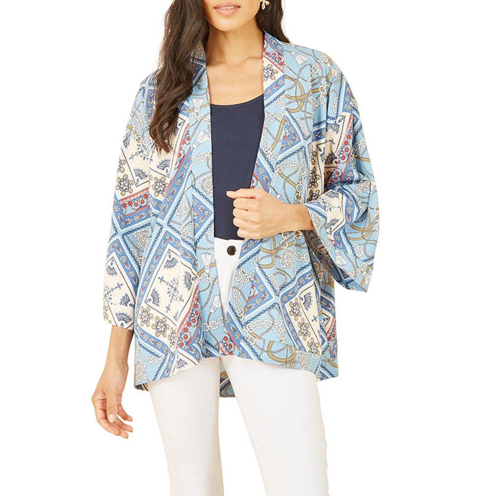 Blue - Mela London - Women's Satin Chain Print Kimono Relaxed Fit Overcoat - 3
