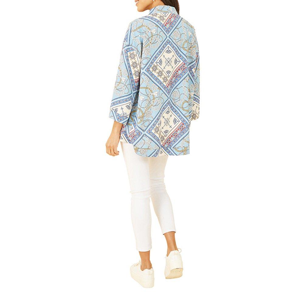 Blue - Mela London - Women's Satin Chain Print Kimono Relaxed Fit Overcoat - 4