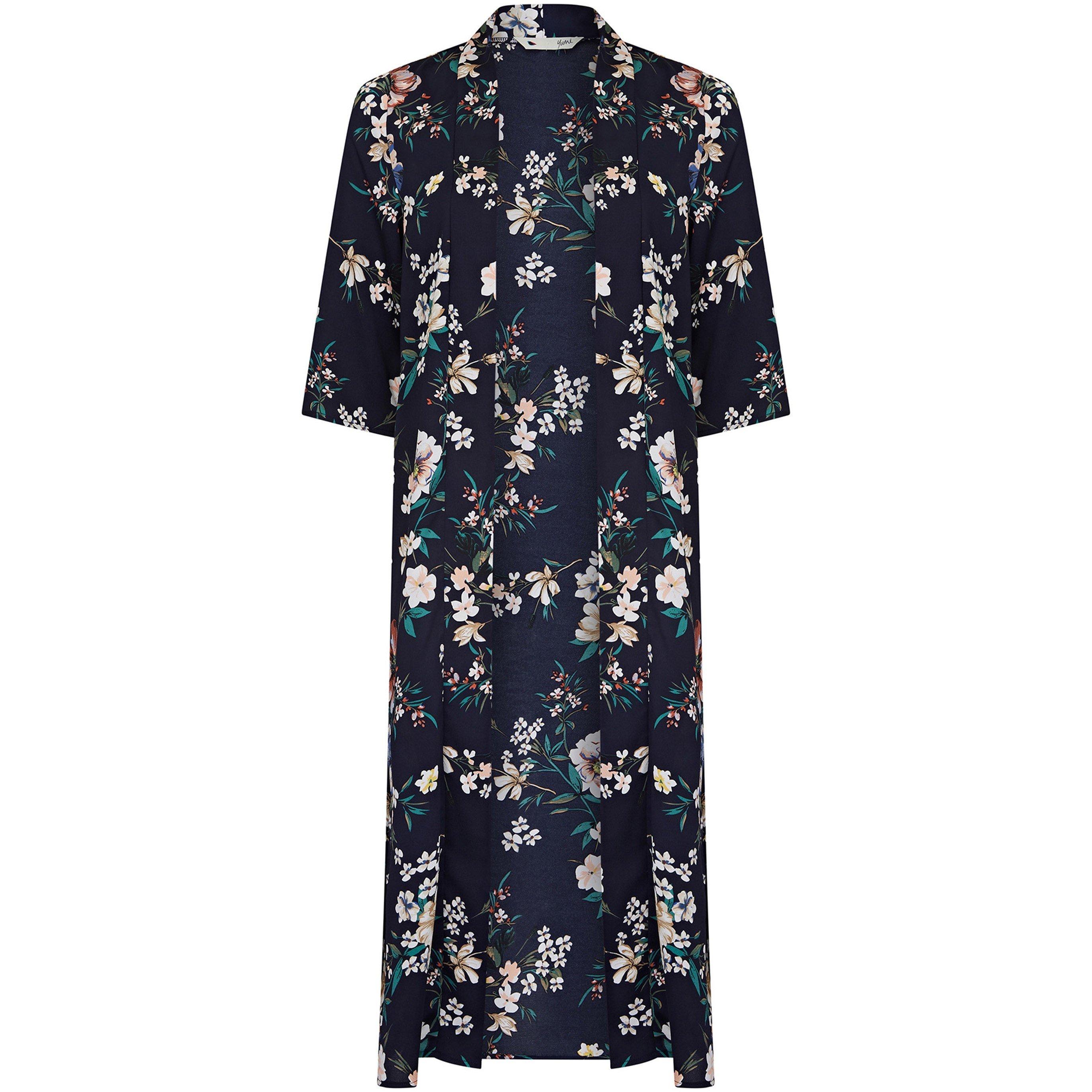 Navy - Yumi - Women's Navy Floral Structured Overcoat - 1