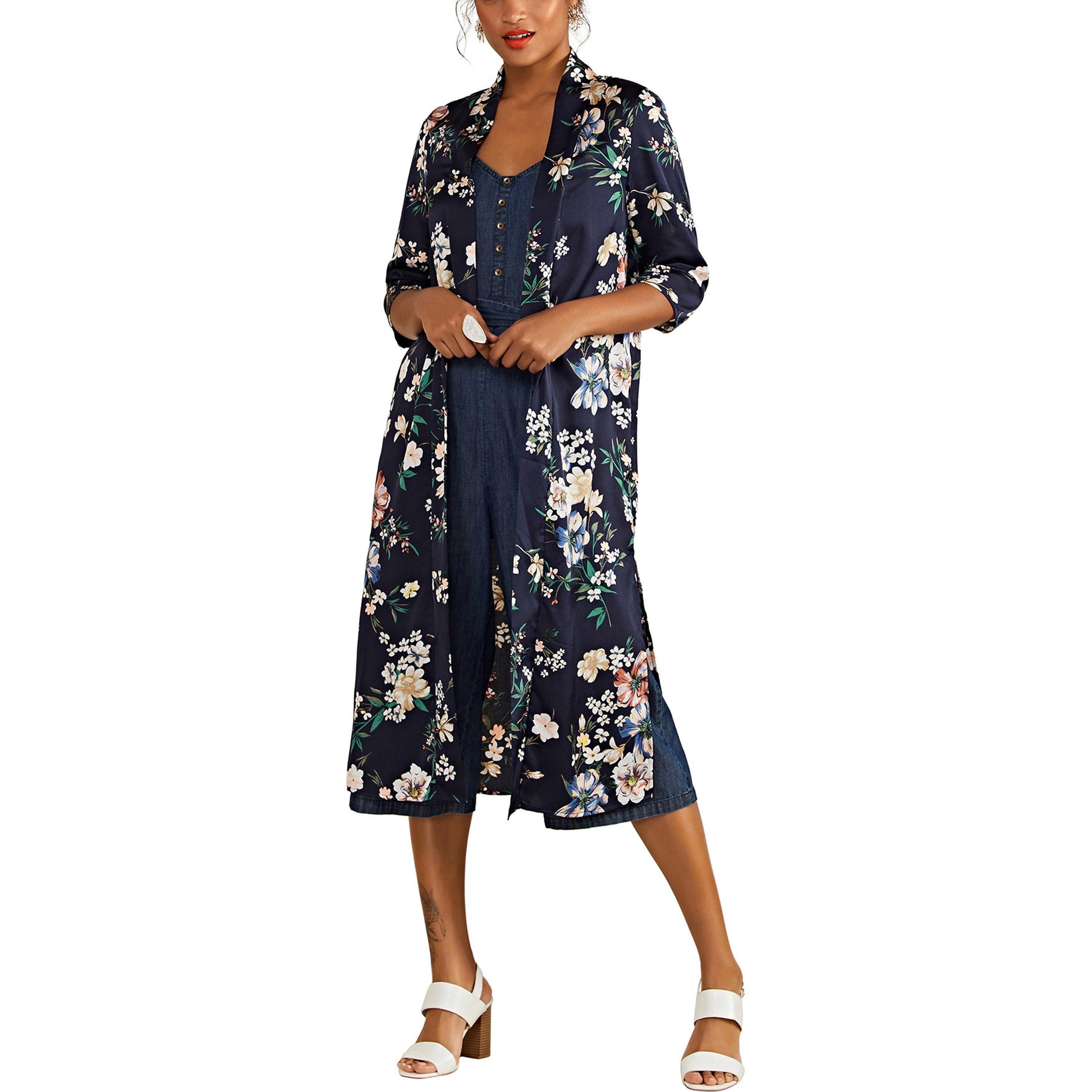 Navy - Yumi - Women's Navy Floral Structured Overcoat - 2