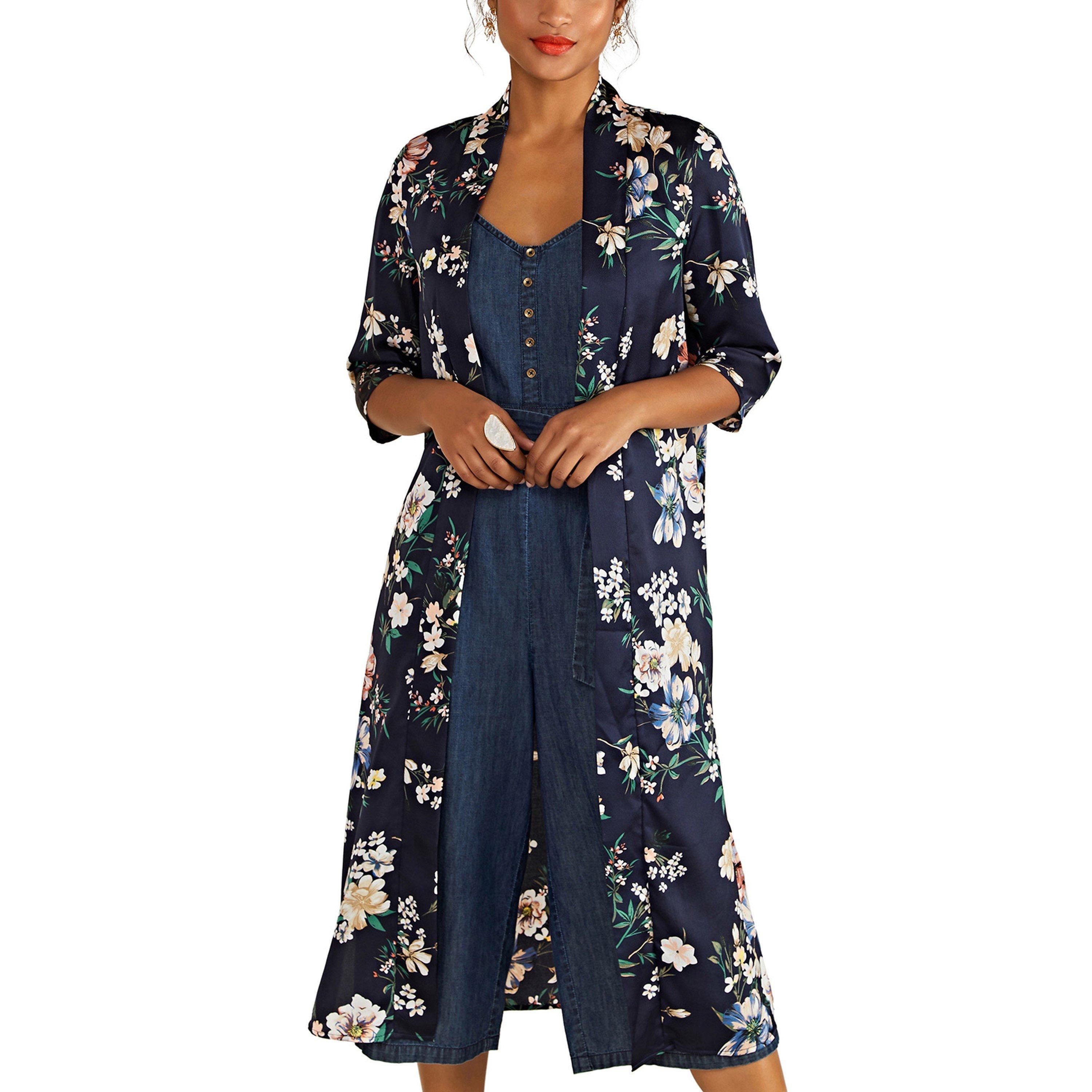 Navy - Yumi - Women's Navy Floral Structured Overcoat - 3