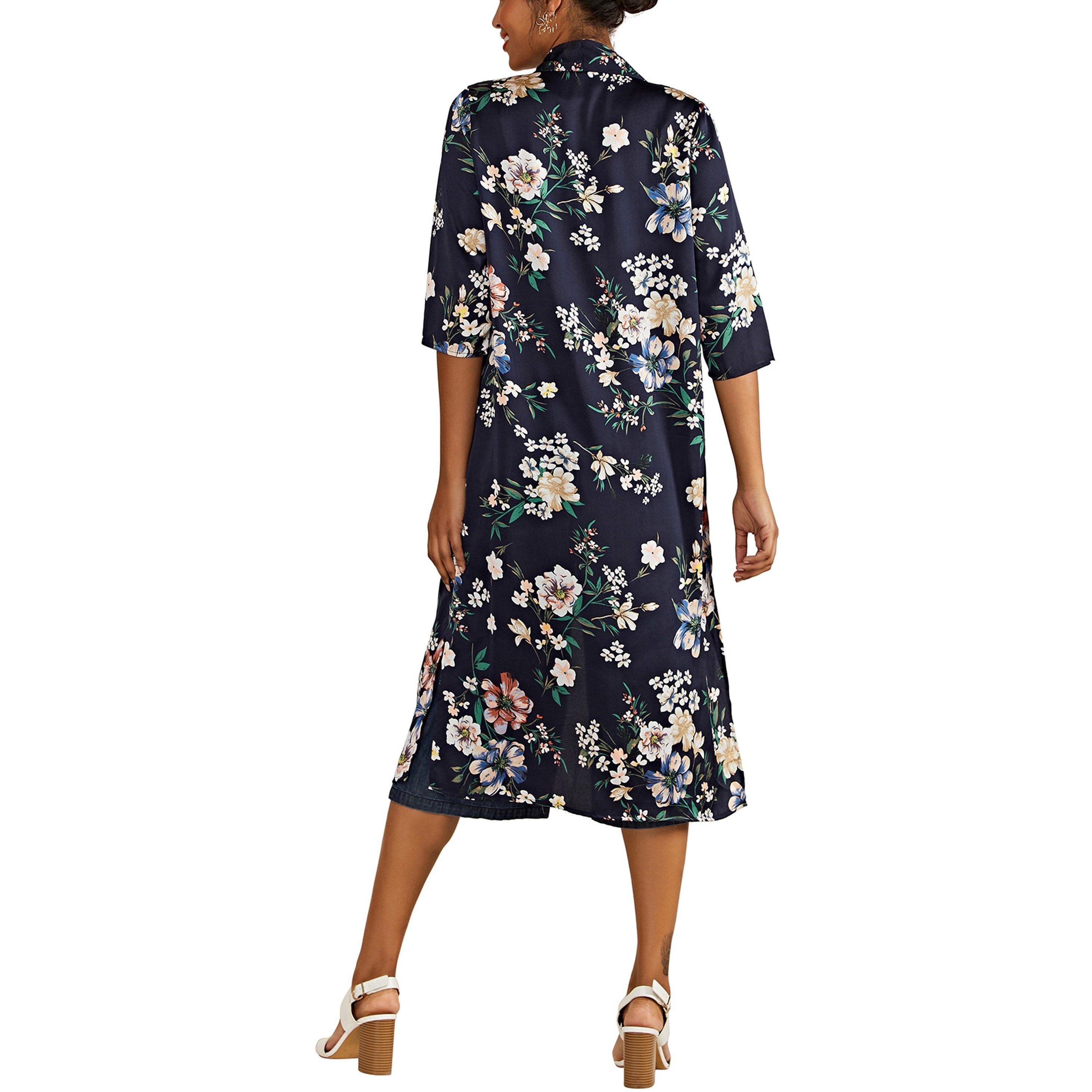 Navy - Yumi - Women's Navy Floral Structured Overcoat - 4