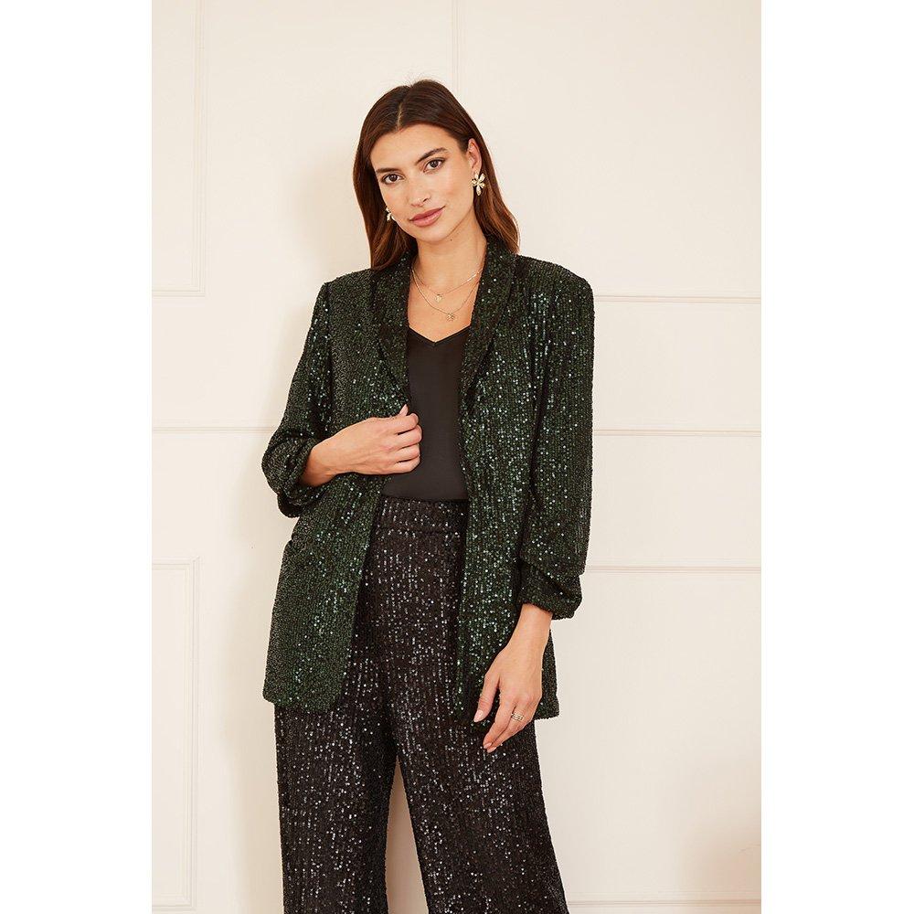 Dark Green - Yumi - Yumi Green Sequin Blazer With Pockets - 3