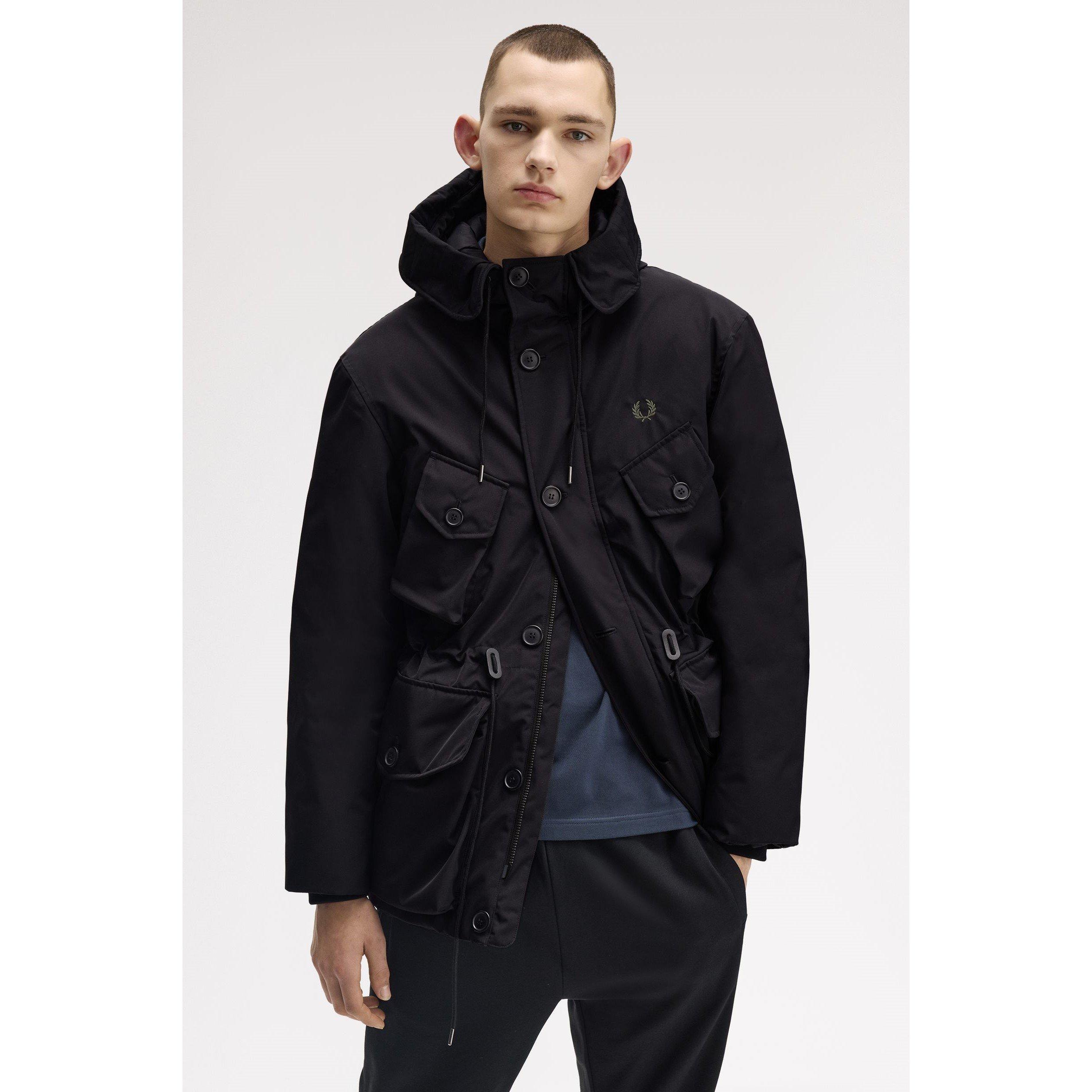 Black 102 - Fred Perry - Men's Patch Puffer Hooded Thigh Length Parka - 5