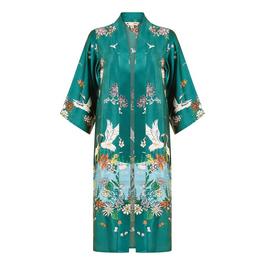 Yumi Yumi Green Satin Crane Border Kimono