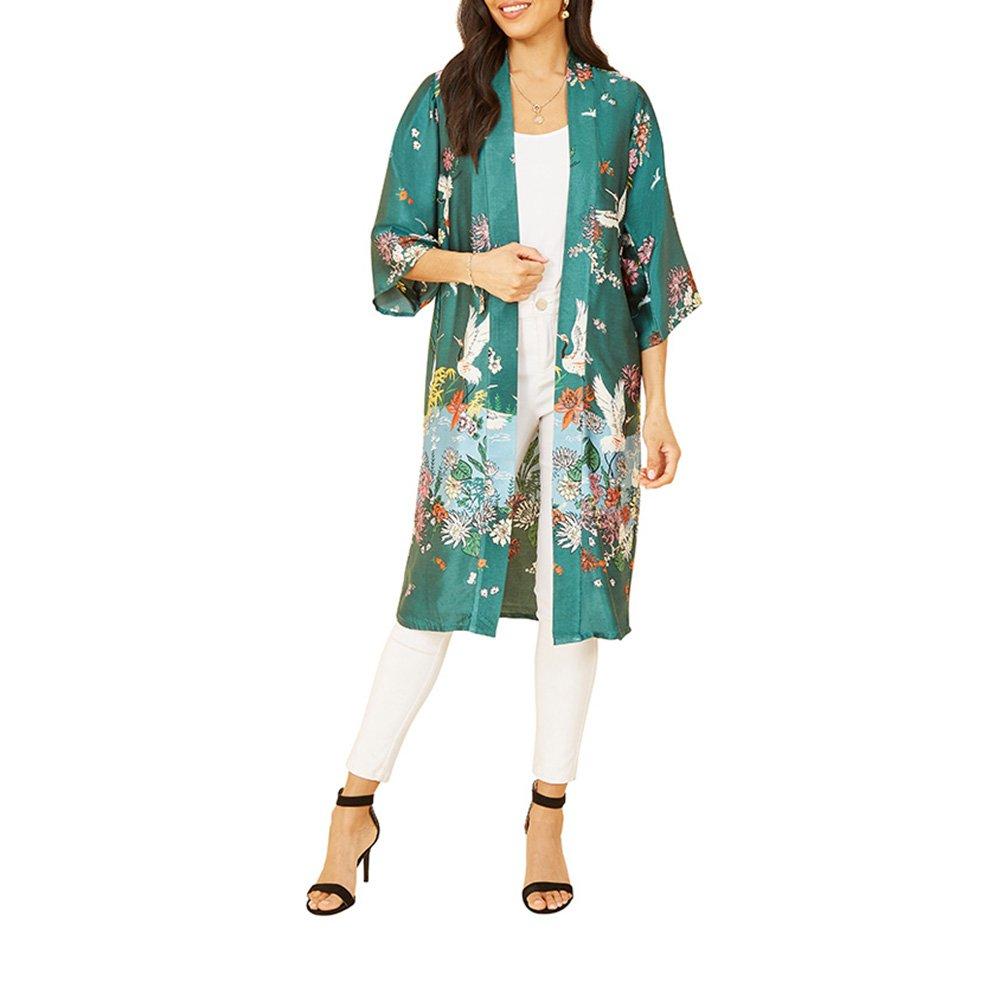 Green - Yumi - Women's Crane Border Satin Kimono Overcoat - 2