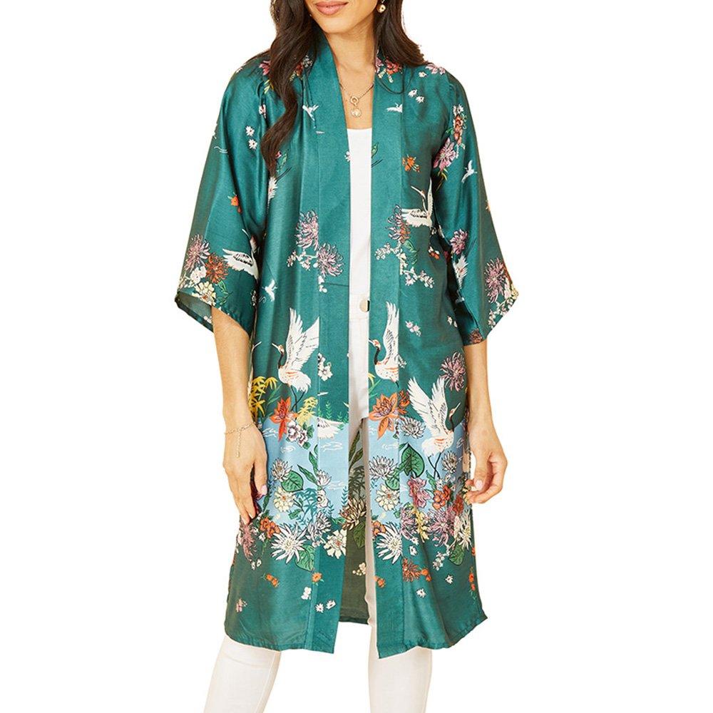 Green - Yumi - Women's Crane Border Satin Kimono Overcoat - 3