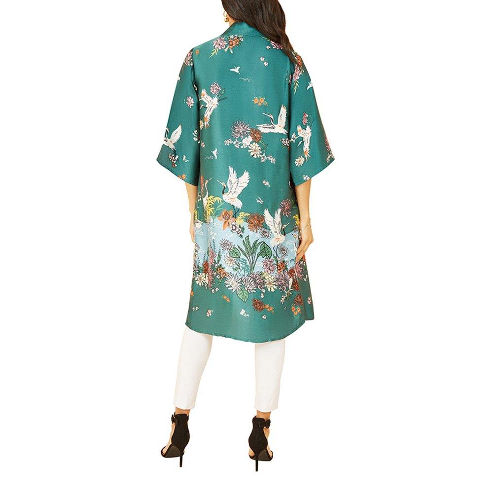 Green - Yumi - Women's Crane Border Satin Kimono Overcoat - 4
