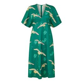 Yumi Yumi Green Crane Print Kimono Midi Dress