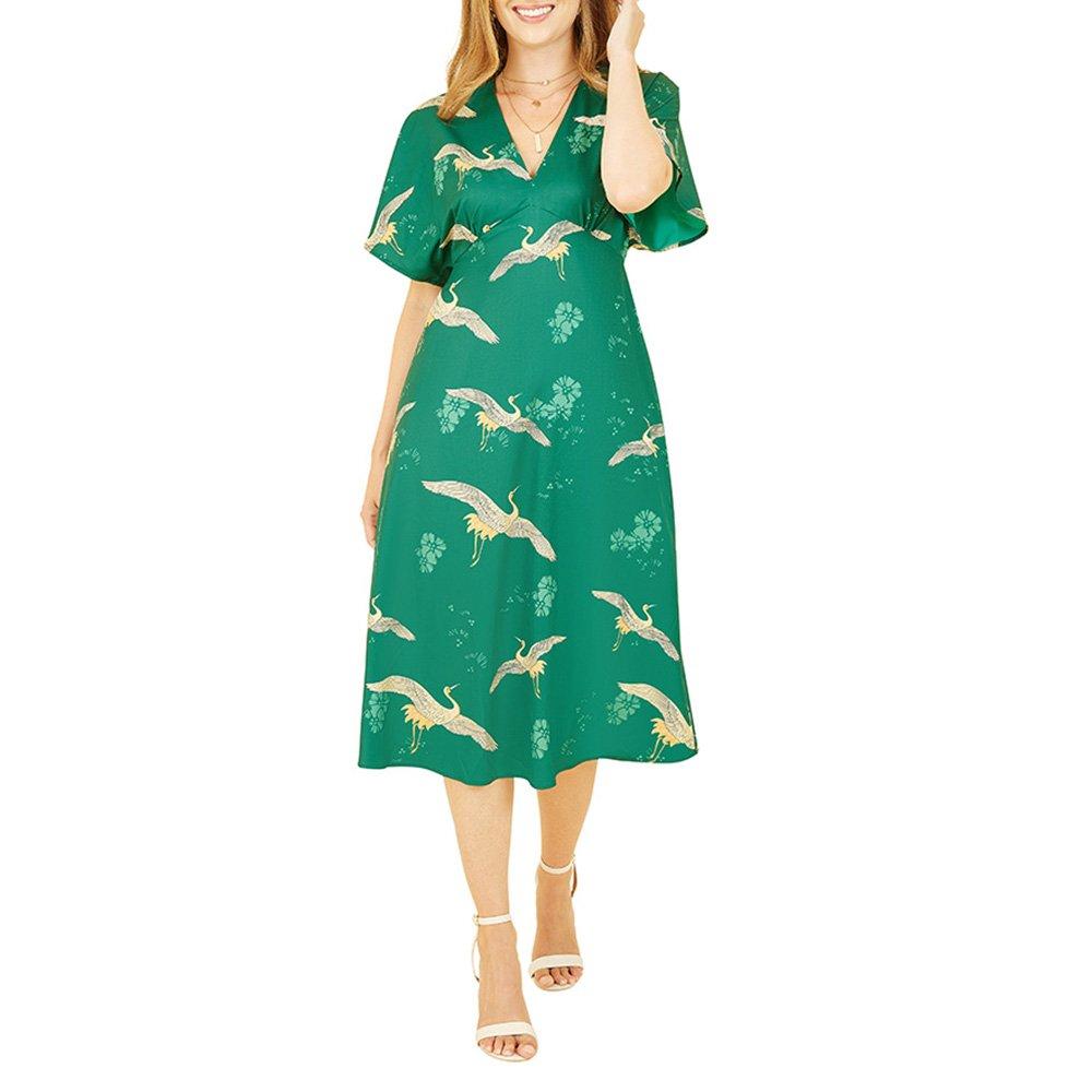 Green - Yumi - Women's Green Crane Print Kimono Lightweight Overcoat - 2