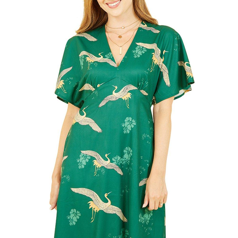 Green - Yumi - Women's Green Crane Print Kimono Lightweight Overcoat - 3