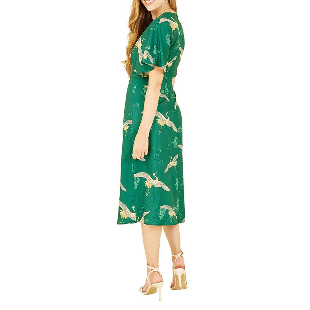 Green - Yumi - Women's Green Crane Print Kimono Lightweight Overcoat - 4