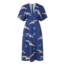 Yumi Yumi Green Crane Print Kimono Midi Dress