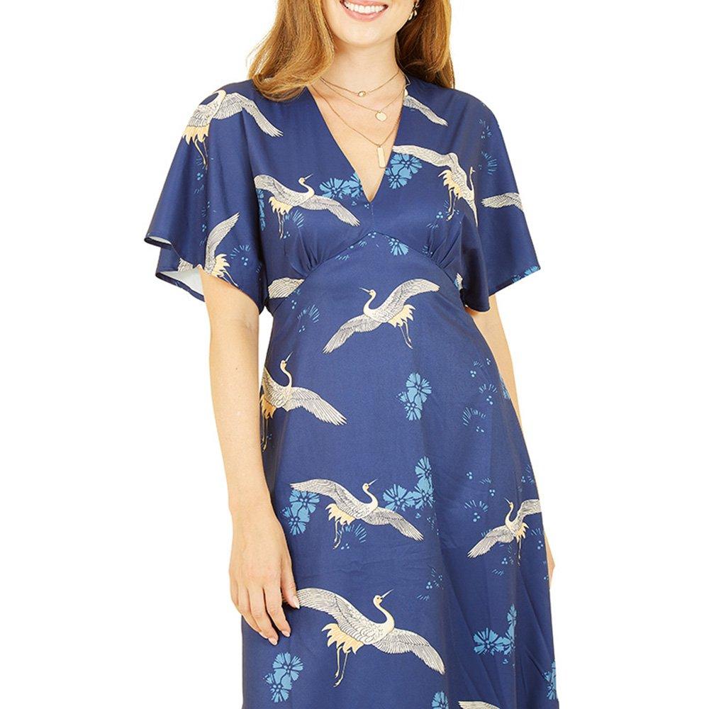 Blue - Yumi - Women's Green Crane Print Kimono Lightweight Overcoat - 3