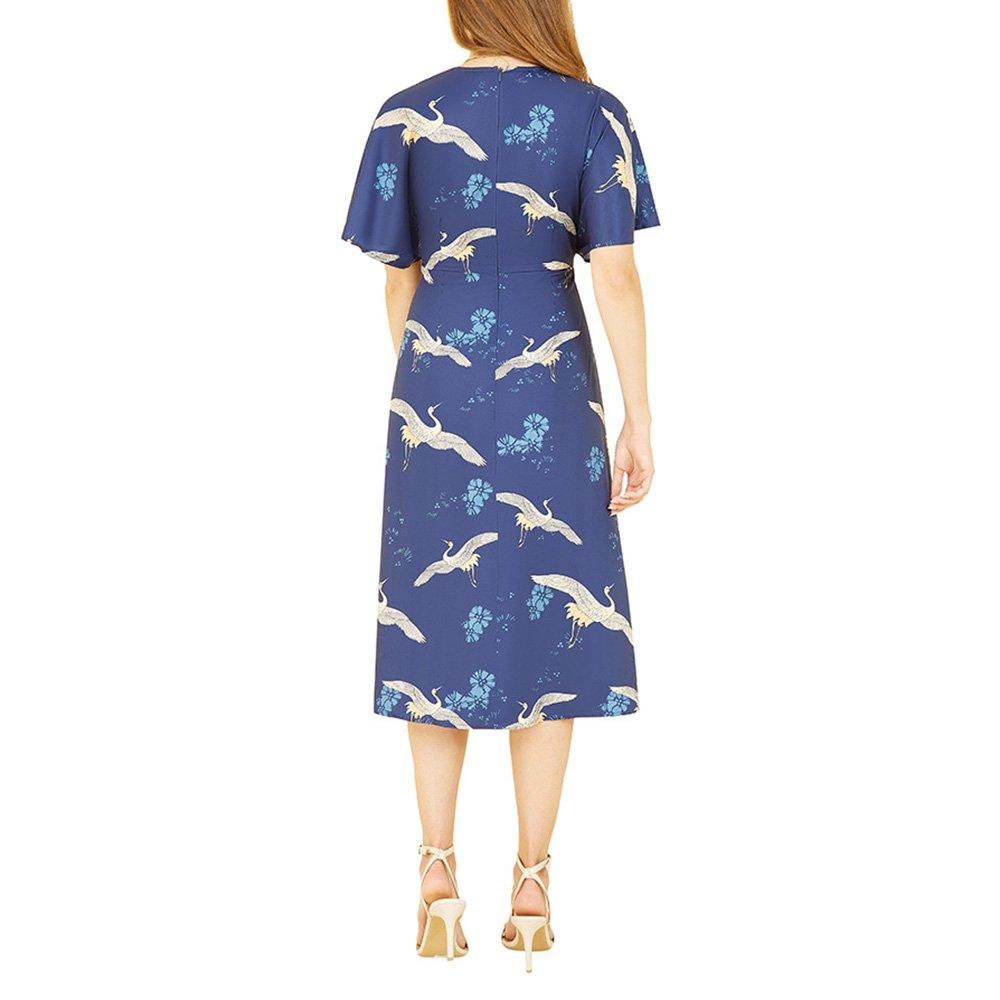 Blue - Yumi - Women's Green Crane Print Kimono Lightweight Overcoat - 4