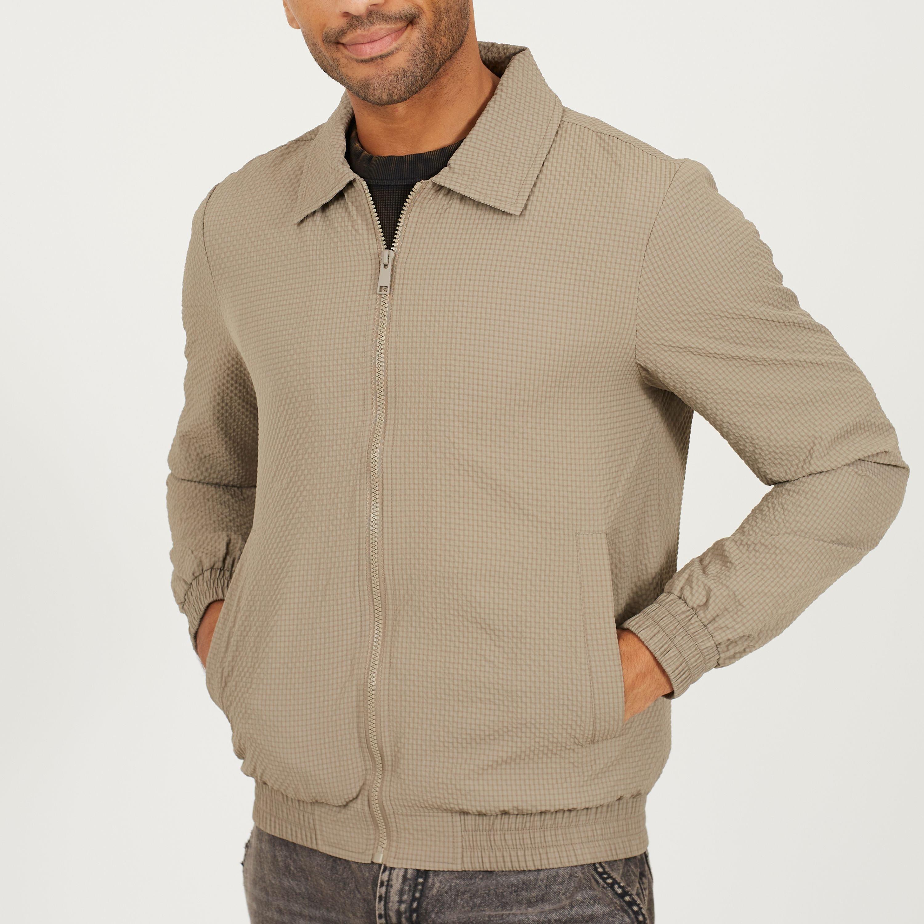 Brave Soul Men's Seersucker Long Sleeve Harrington Jacket Taupe - Medium